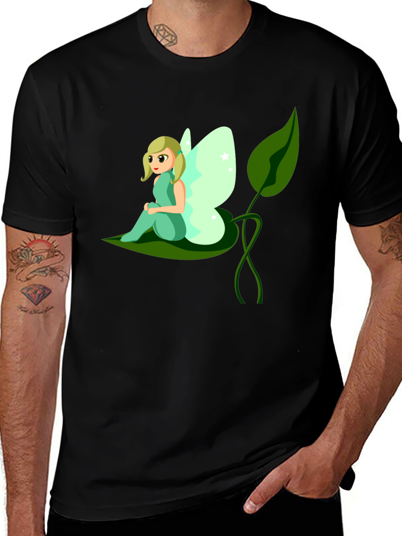 Variant 3 of Whimsical Fairy Graphic Tee - Black Cotton T-Shirt