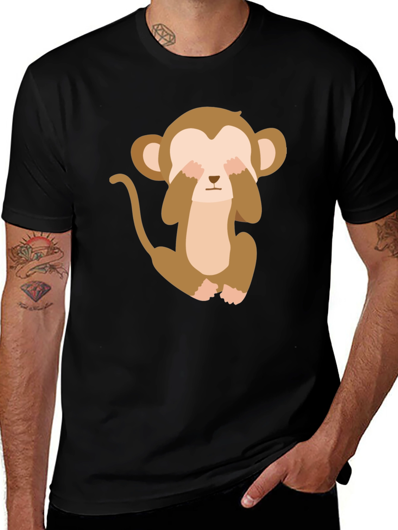 Cute Monkey Cover Eyes Graphic Tee - Black Cotton Casual T-Shirt