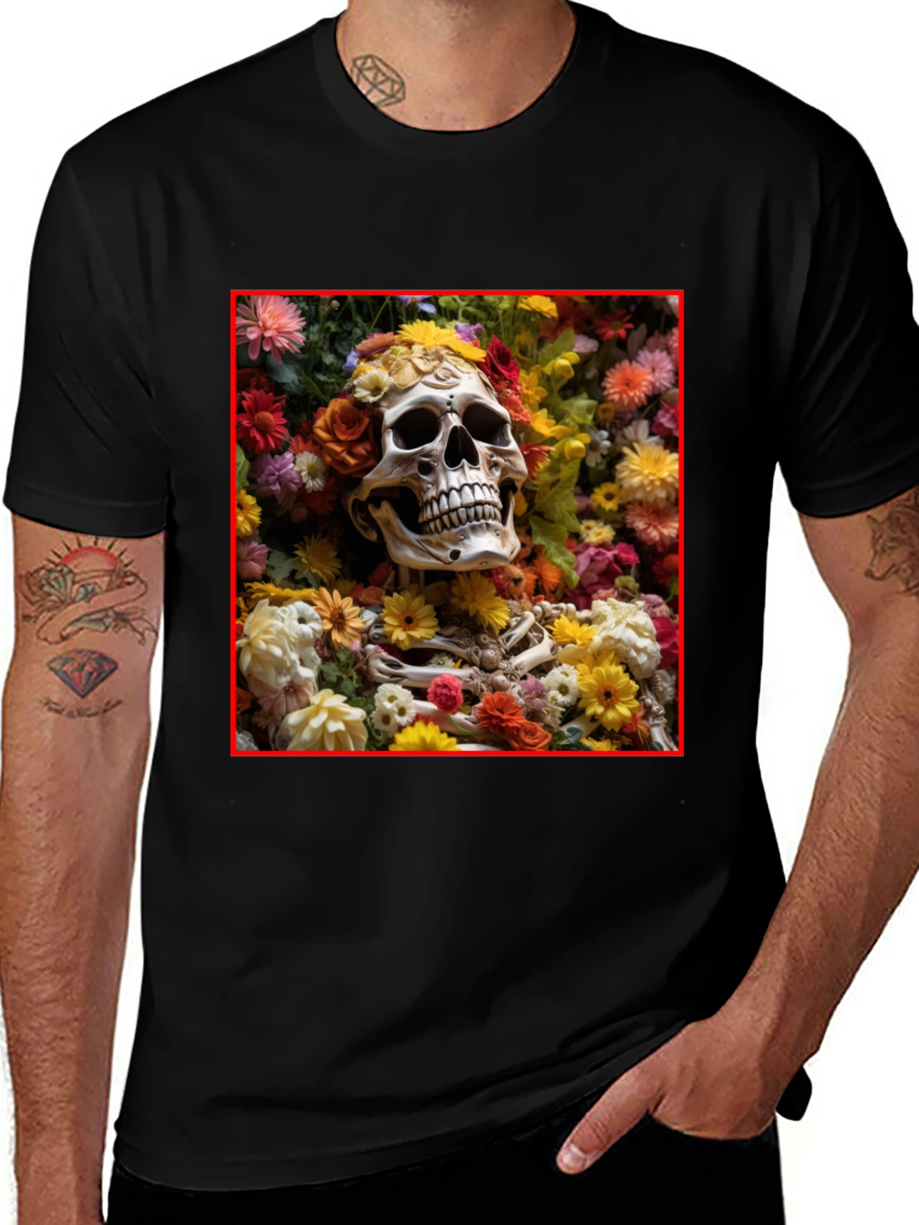 Variant 17 of Floral Skull Graphic Tee - Day of the Dead Style