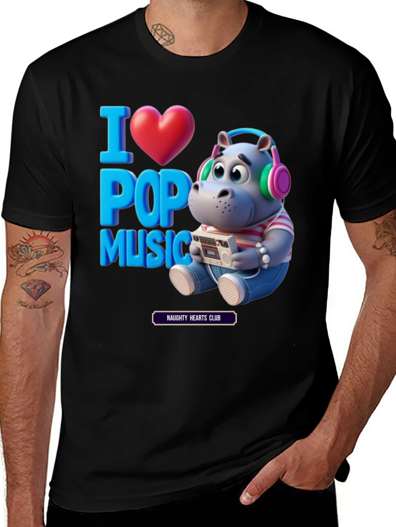 Variant 23 of I Love Pop Music Tee - Hippo with Headphones Graphic T-Shirt