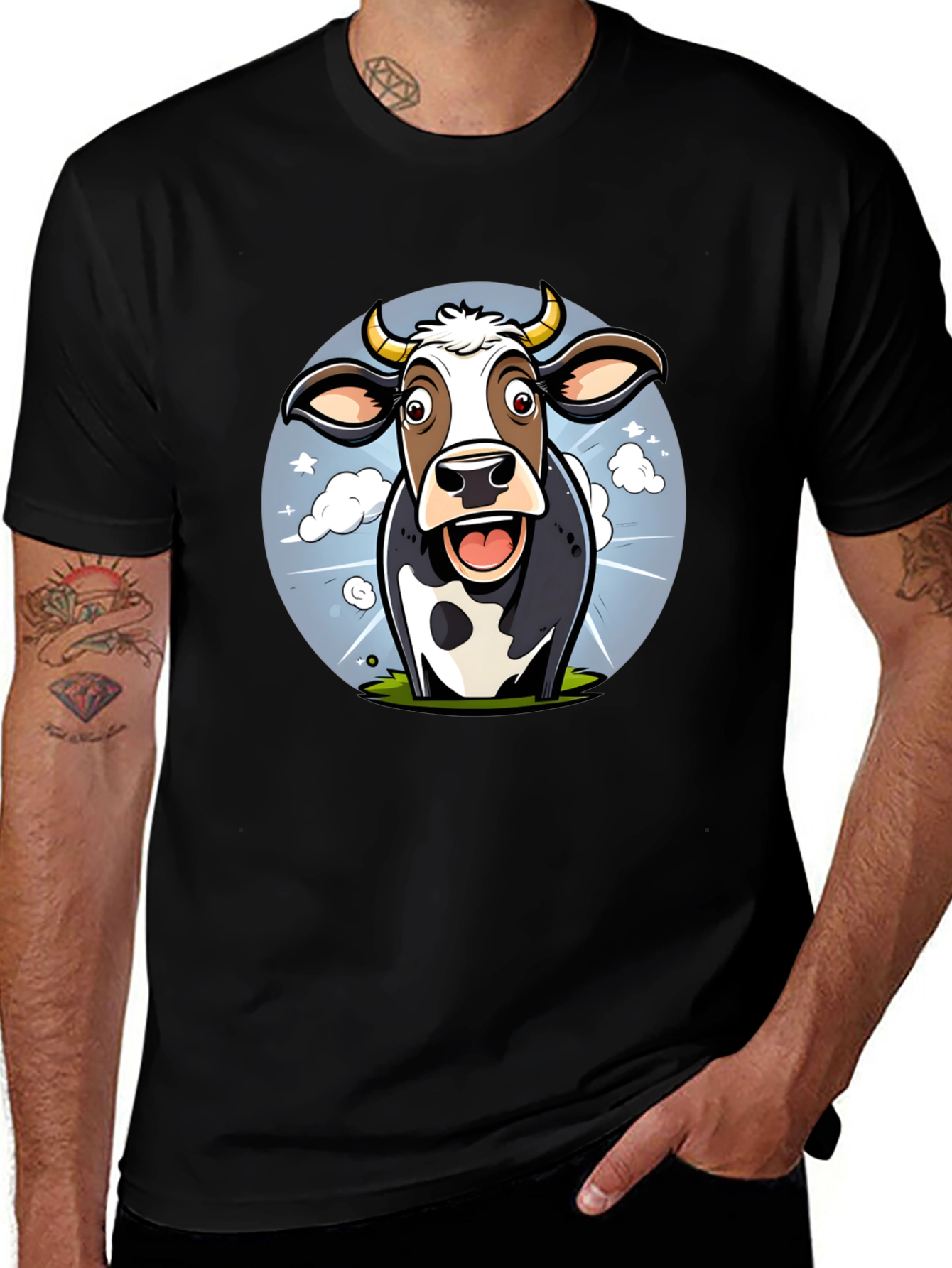 Variant 10 of Funny Cow Cartoon Graphic Print Black T-Shirt
