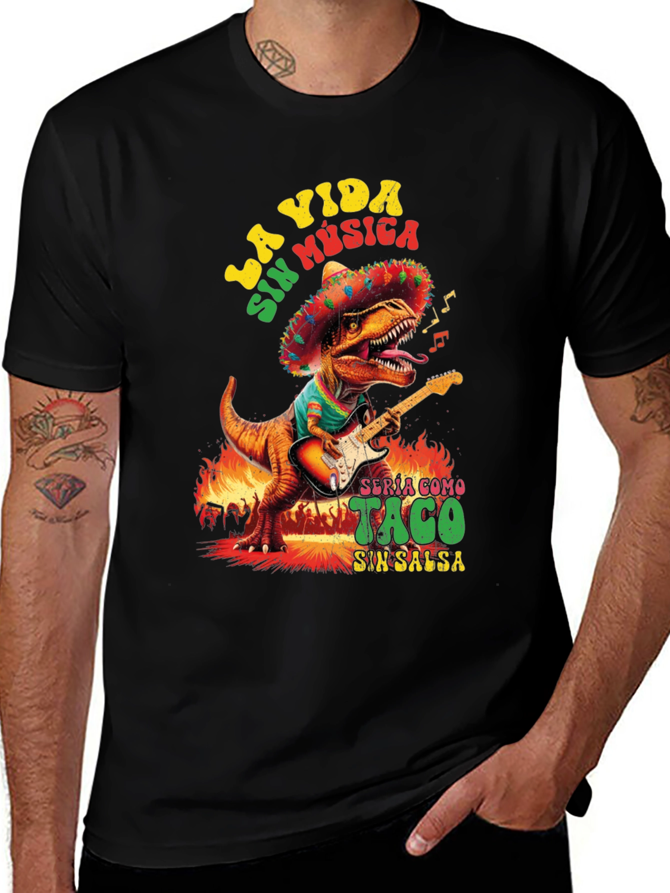 Variant 14 of Dino Guitarist T-Shirt: La Vida Sin Musica!
