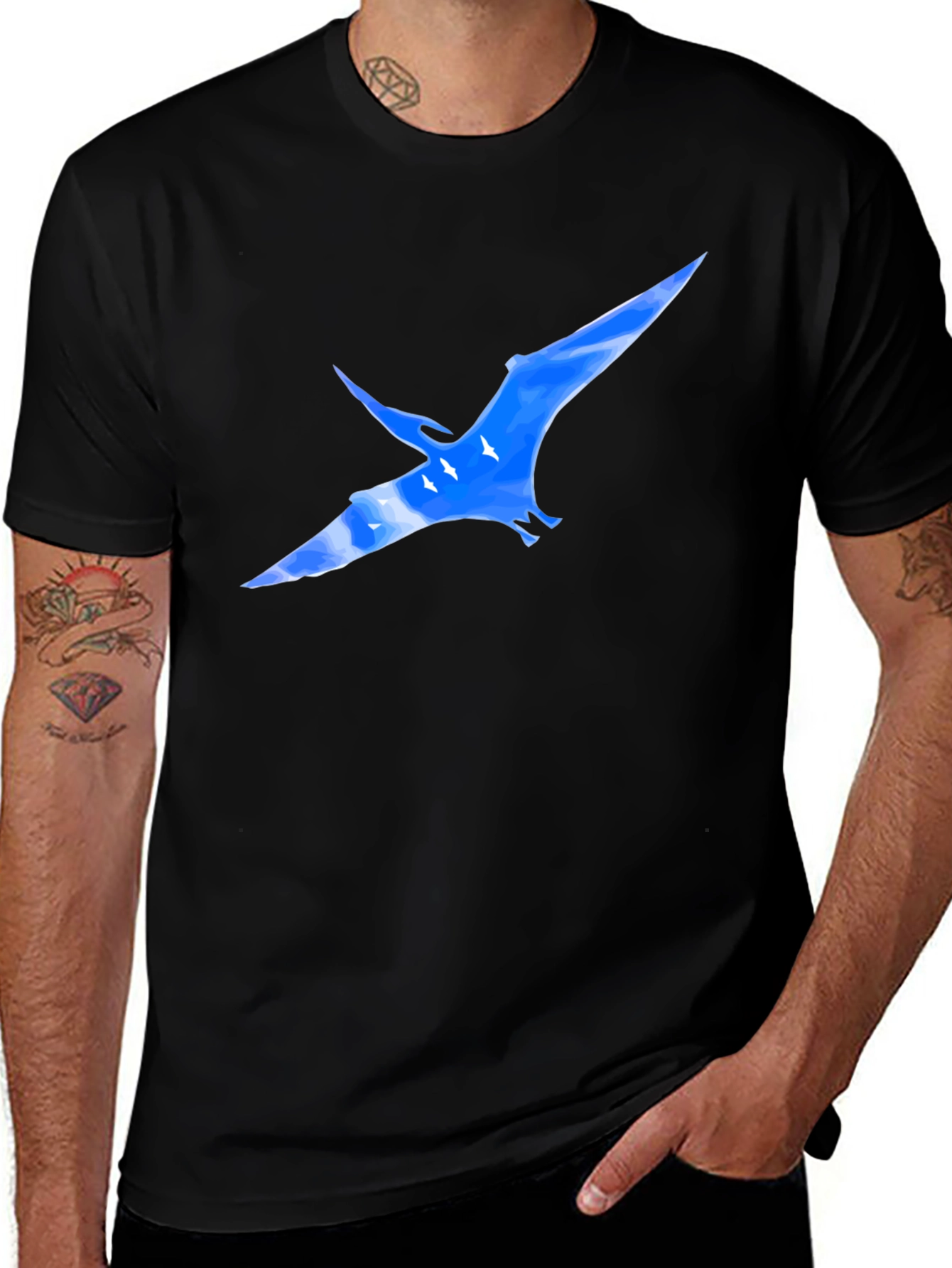 Variant 26 of Black T-Shirt with Pterodactyl Sky Design
