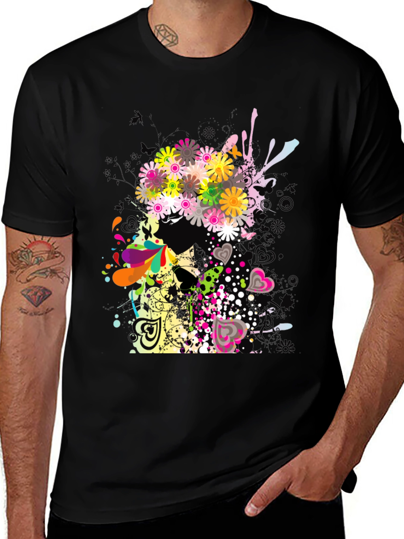 Variant 10 of Floral Skull Graphic Black T-Shirt
