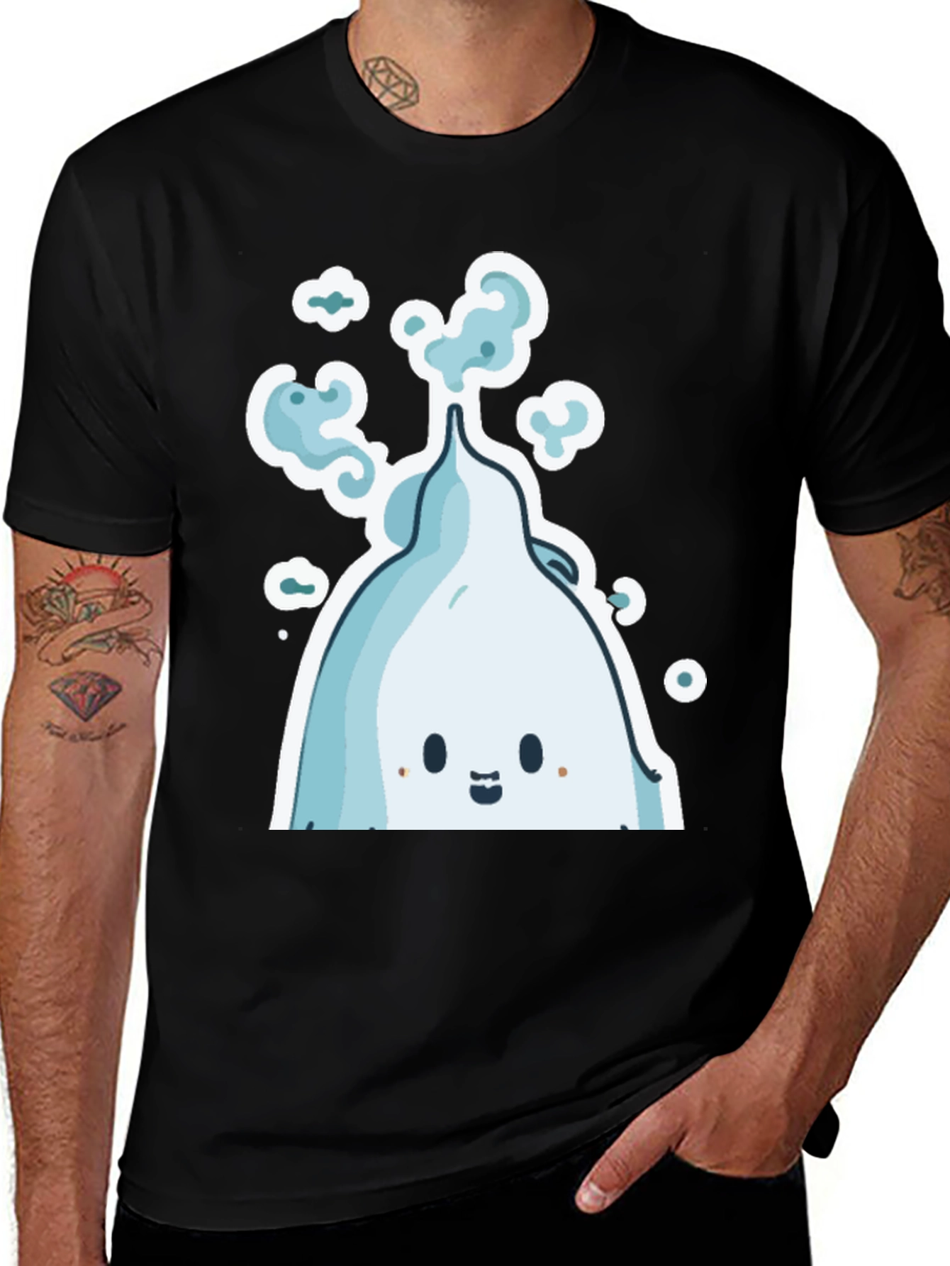Cute Ghost Cartoon Graphic Tee - Black Cotton Shirt