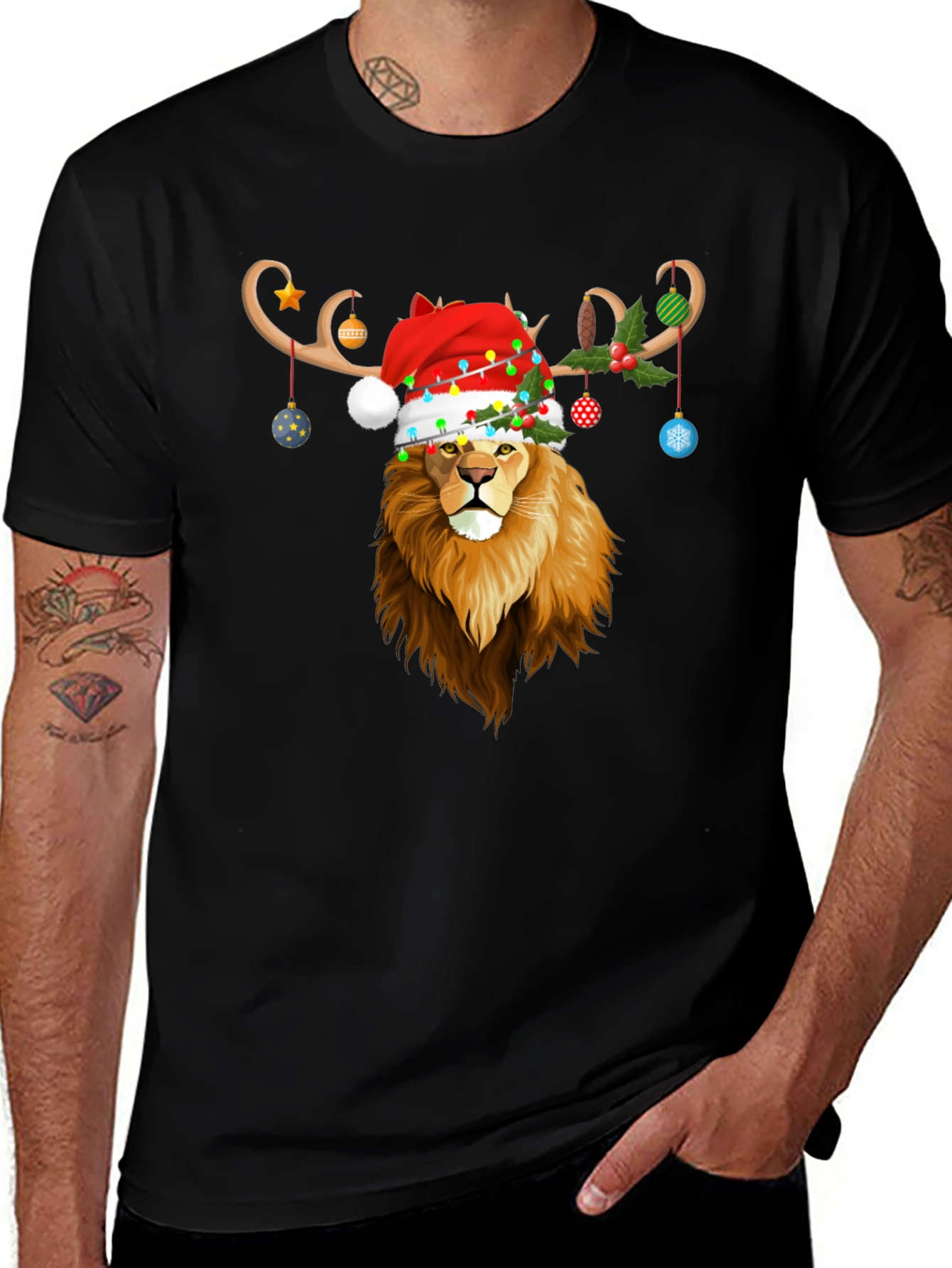 Variant 26 of Lion Christmas T-Shirt with Antlers and Santa Hat