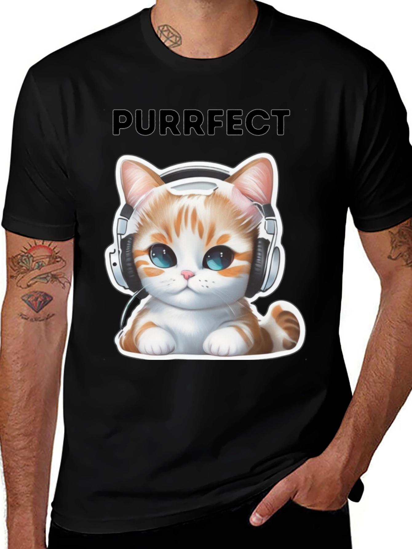 Variant 14 of Purrfect Cat Headphones Graphic Tee