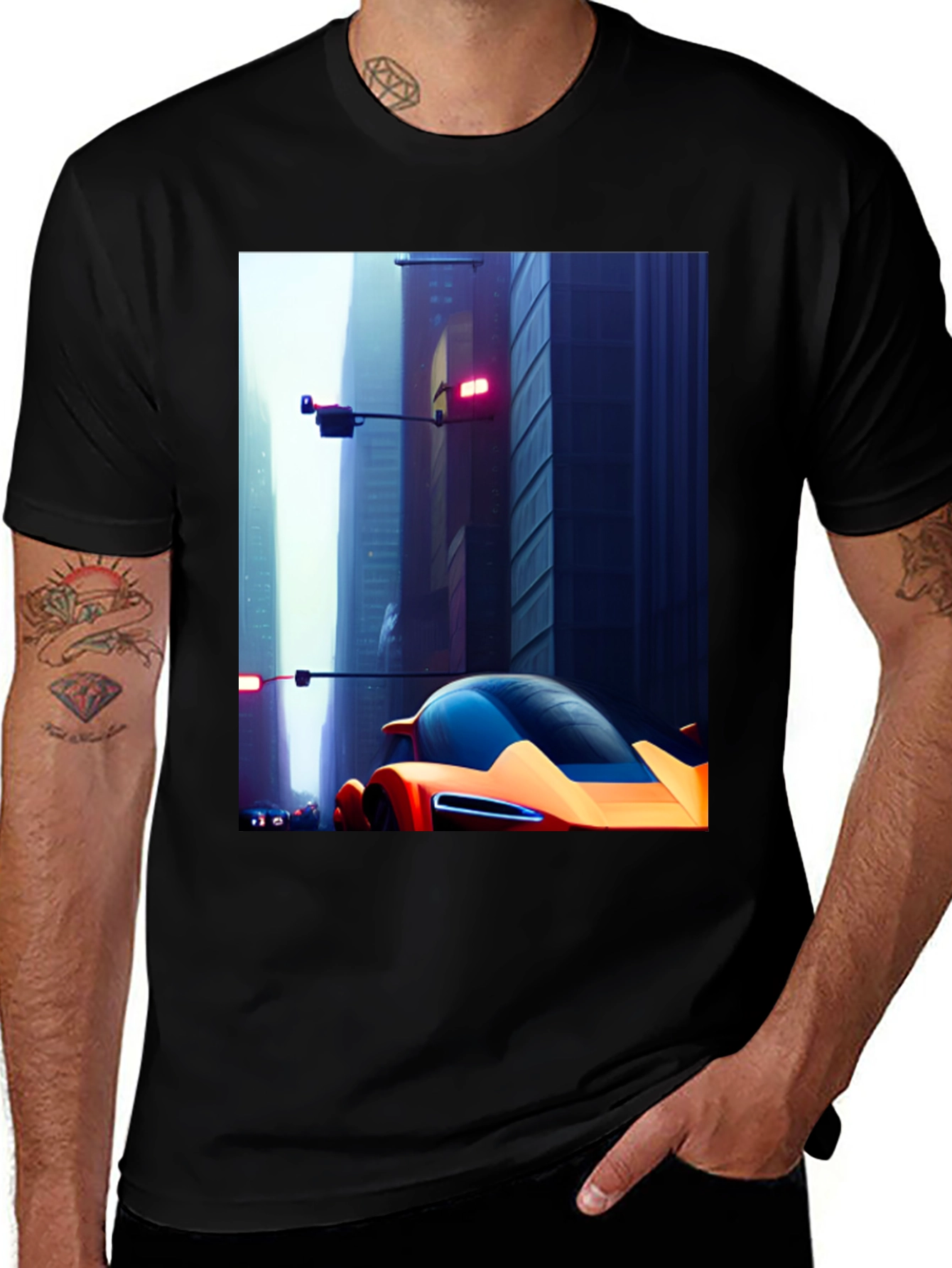 Futuristic Car Graphic Tee - Sleek Cityscape Design
