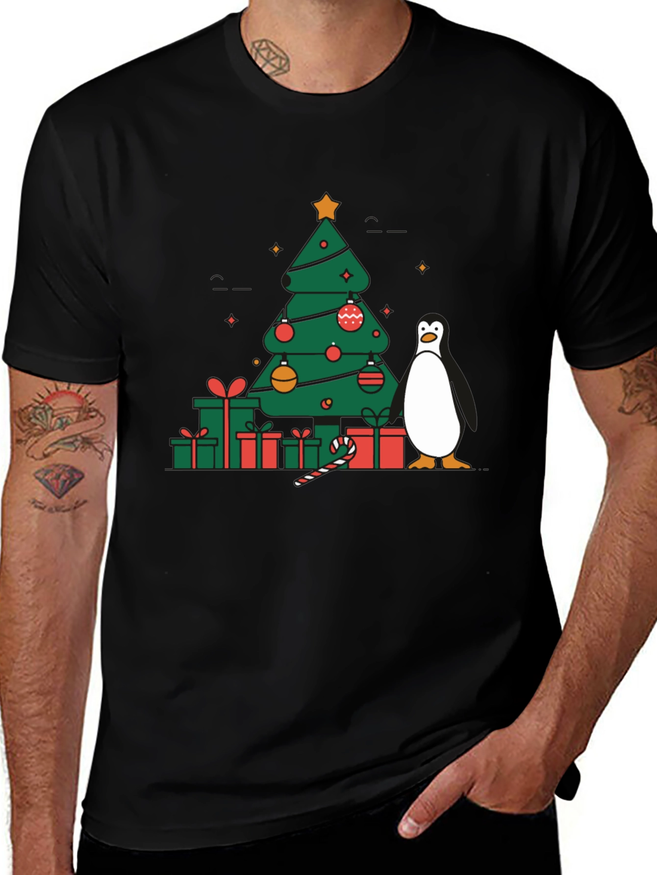 Black Festive Christmas Tree & Penguin Graphic Tee main image