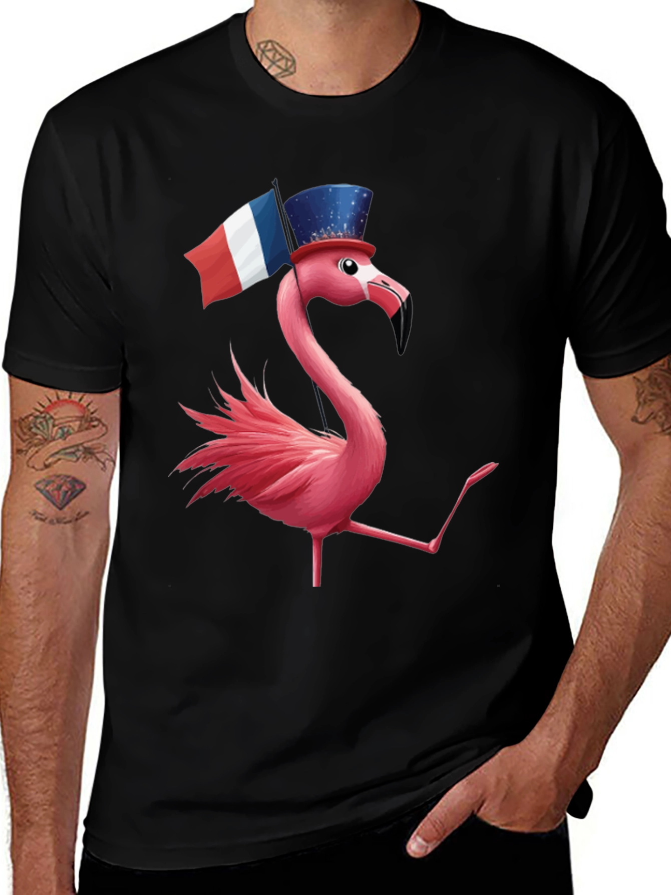 Variant 10 of Patriotic Flamingo Tee - French Flag Top Hat Design