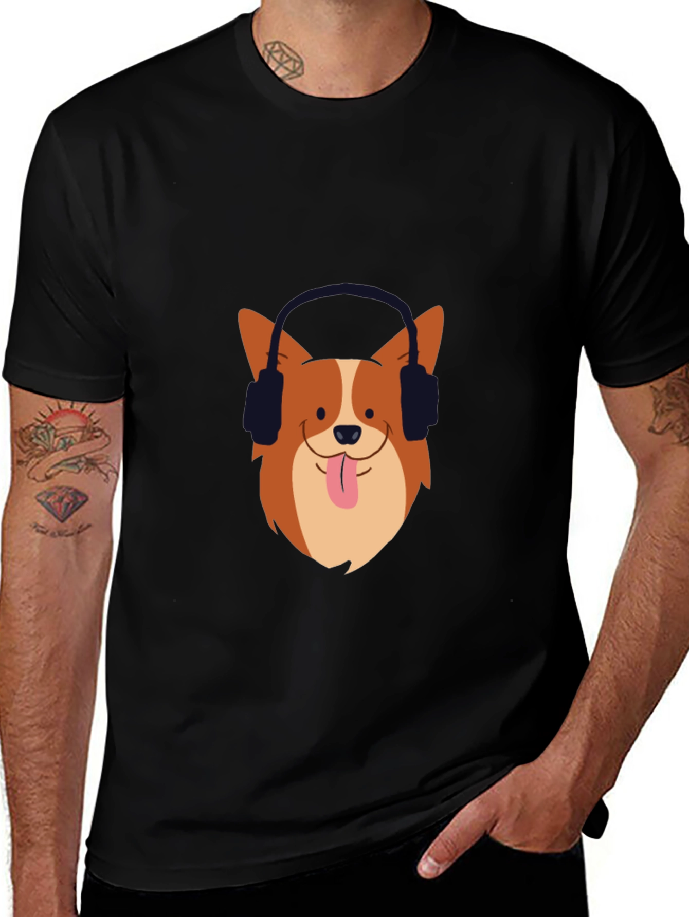 Variant 11 of Cool Corgi Headphones Graphic T-Shirt - Black