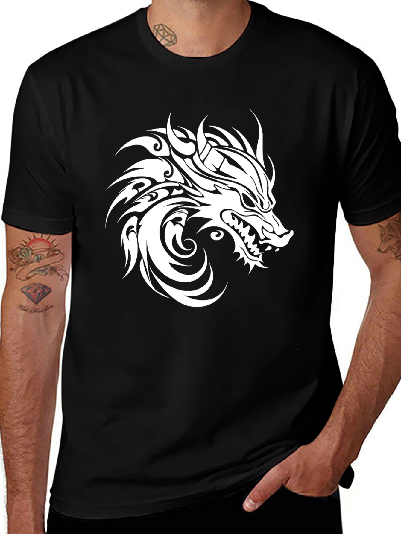 Variant 11 of Black T-Shirt with White Dragon Design