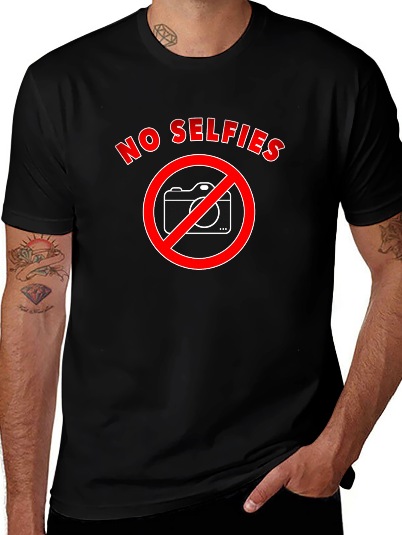No Selfies Graphic Tee -  Black Crew Neck T-Shirt