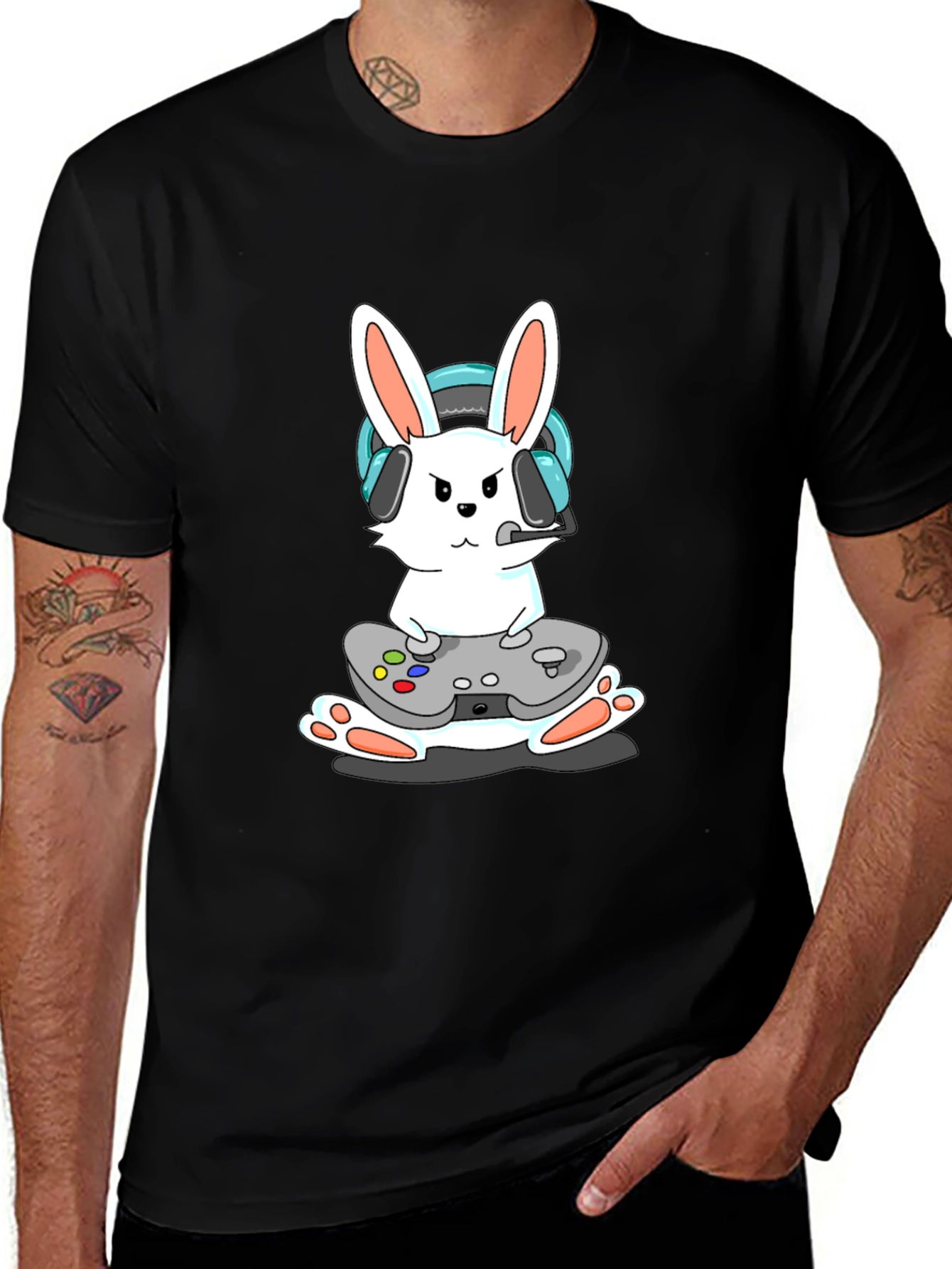 Variant 27 of Gamer Rabbit T-Shirt - Black Cotton Blend