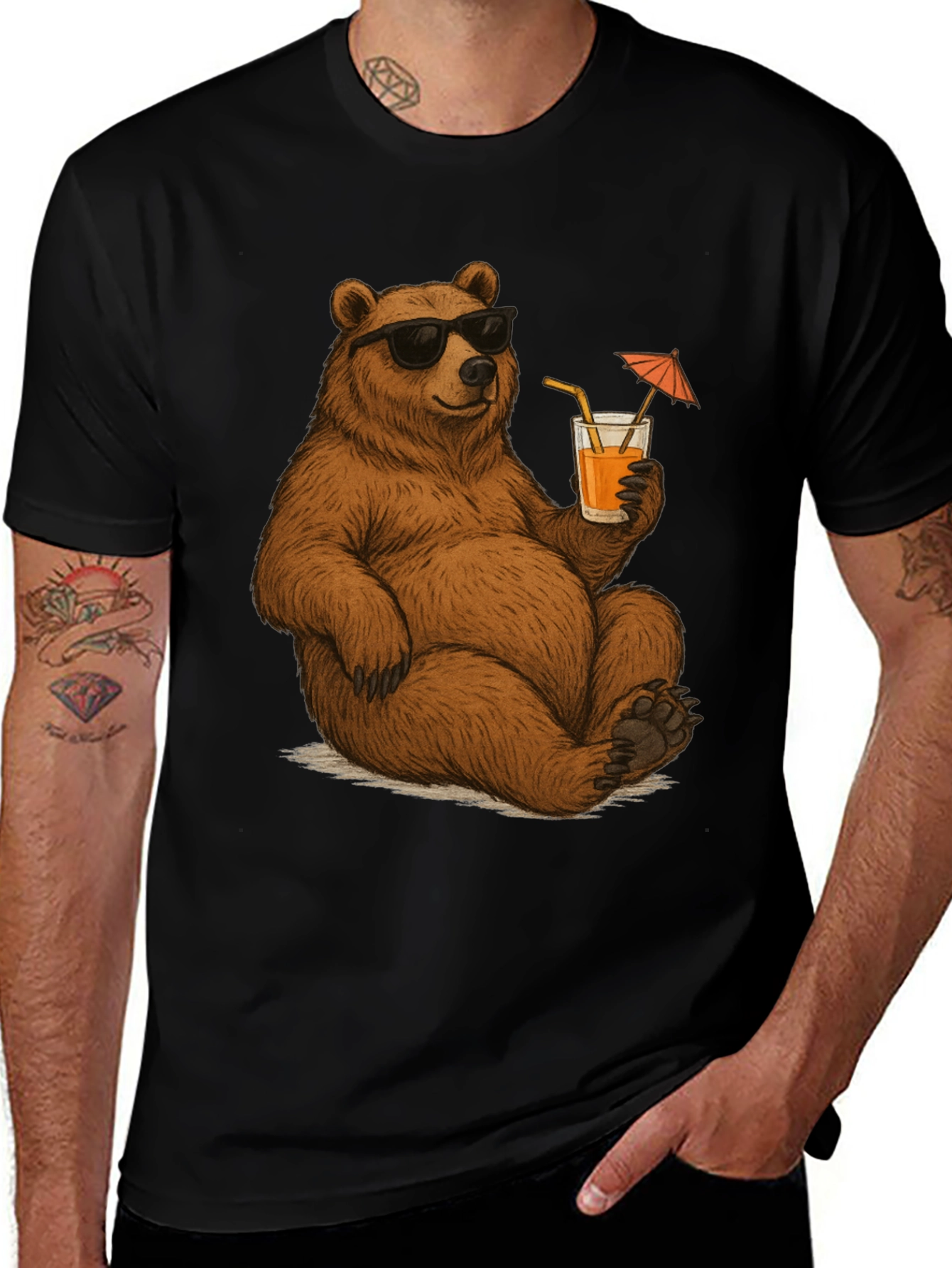 Variant 17 of Bear with Shades & Drink Black T-Shirt