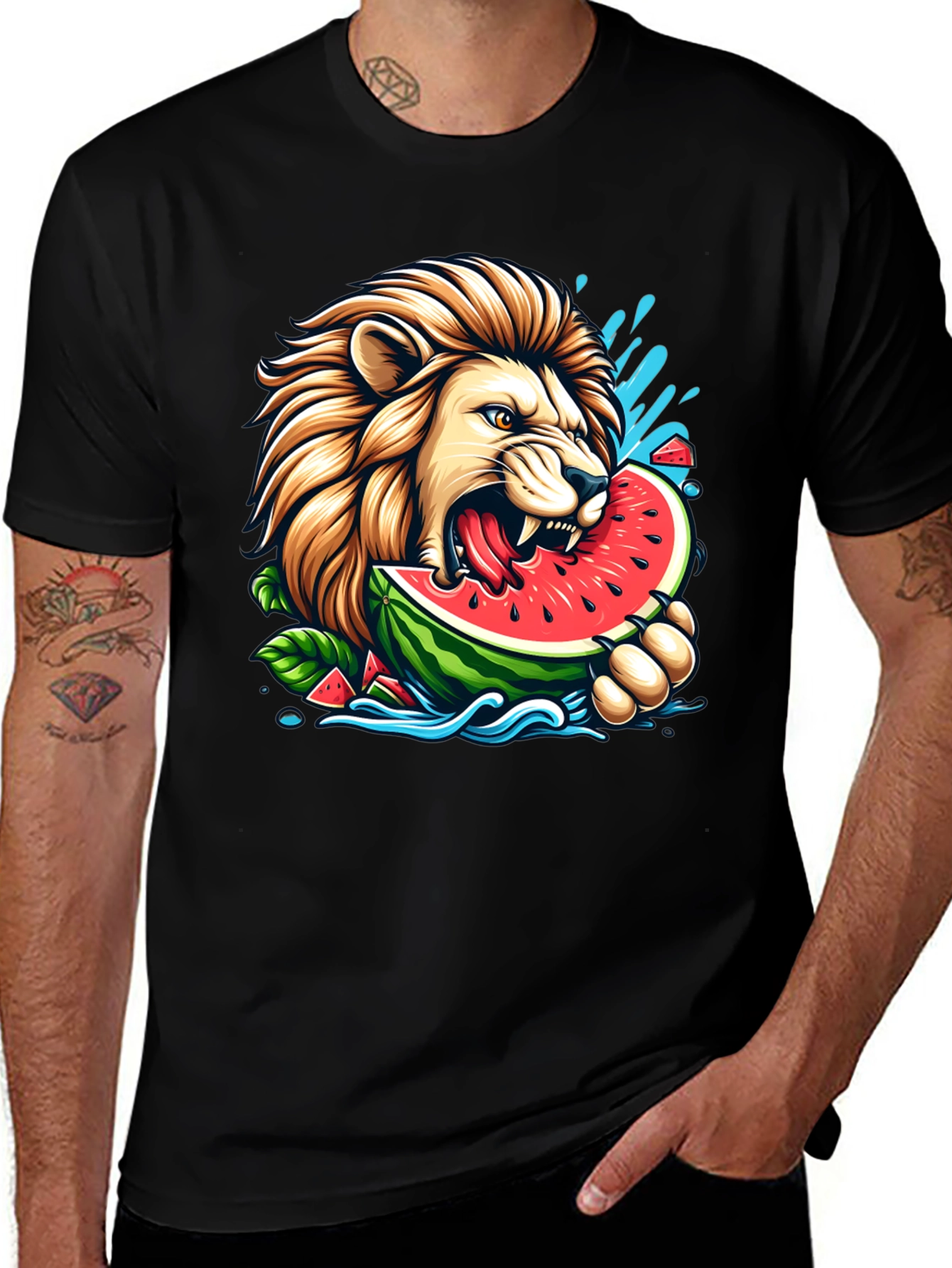 Variant 12 of Lion Eating Watermelon Black T-Shirt - Summer Style