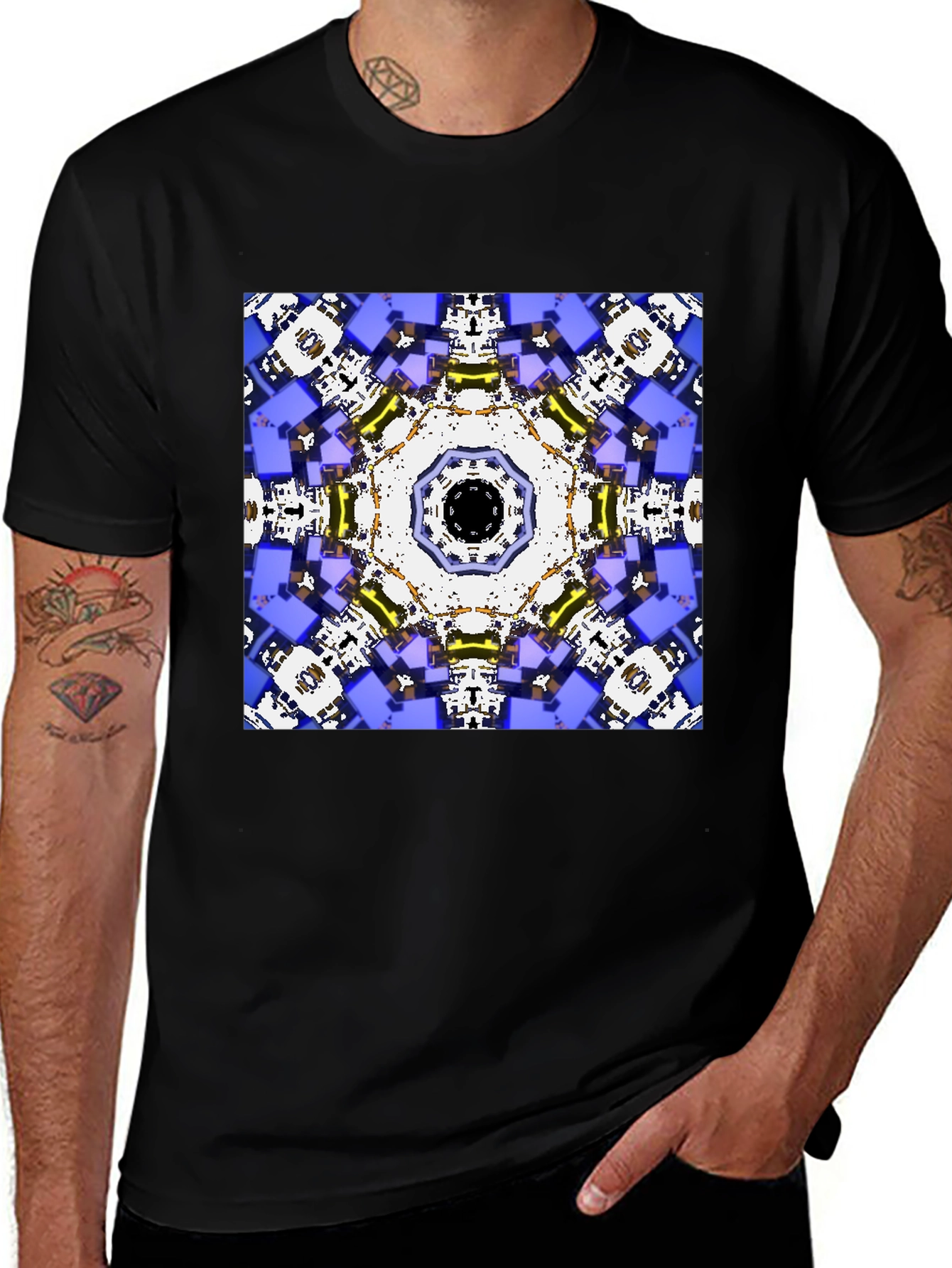Variant 17 of Geometric Kaleidoscope Print Black T-Shirt