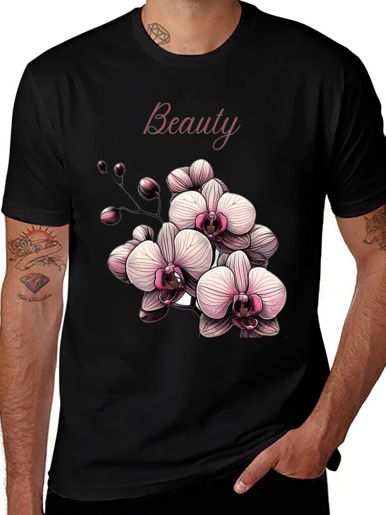 Beauty Orchid Graphic Black T-Shirt