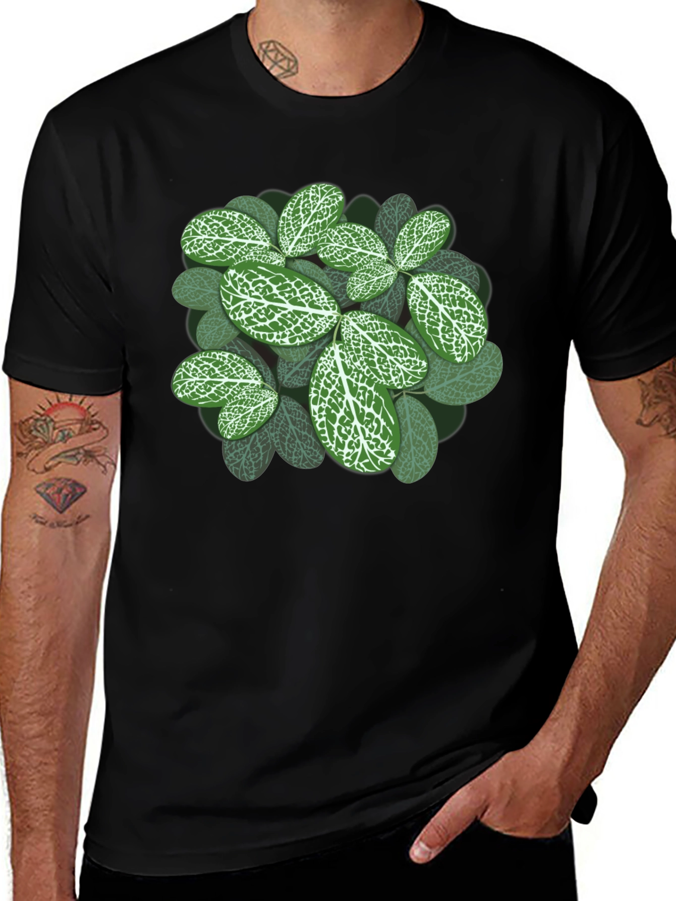 Botanical Leaf Print Black T-Shirt