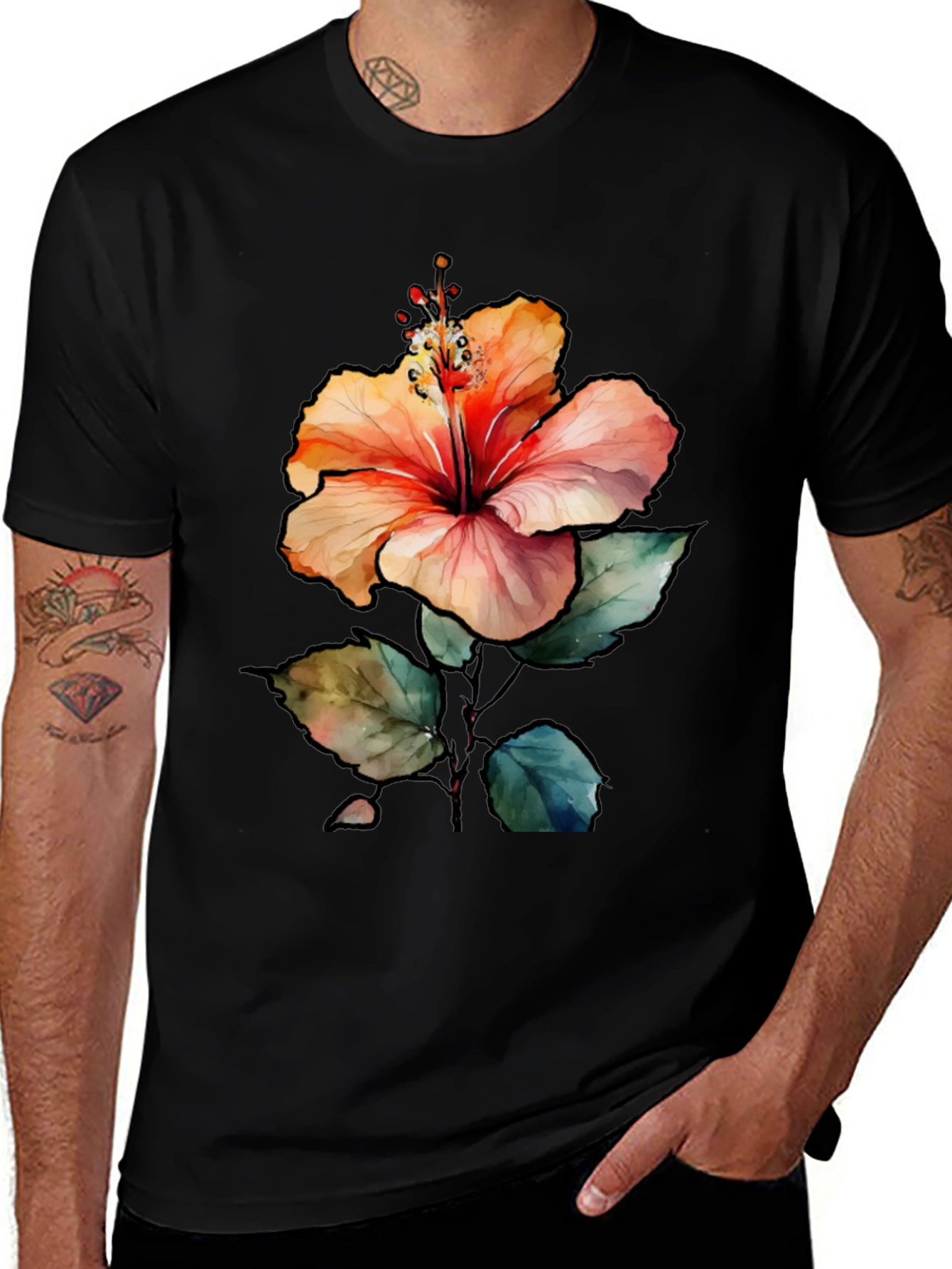 Variant 8 of Hibiscus Flower Graphic Black T-Shirt
