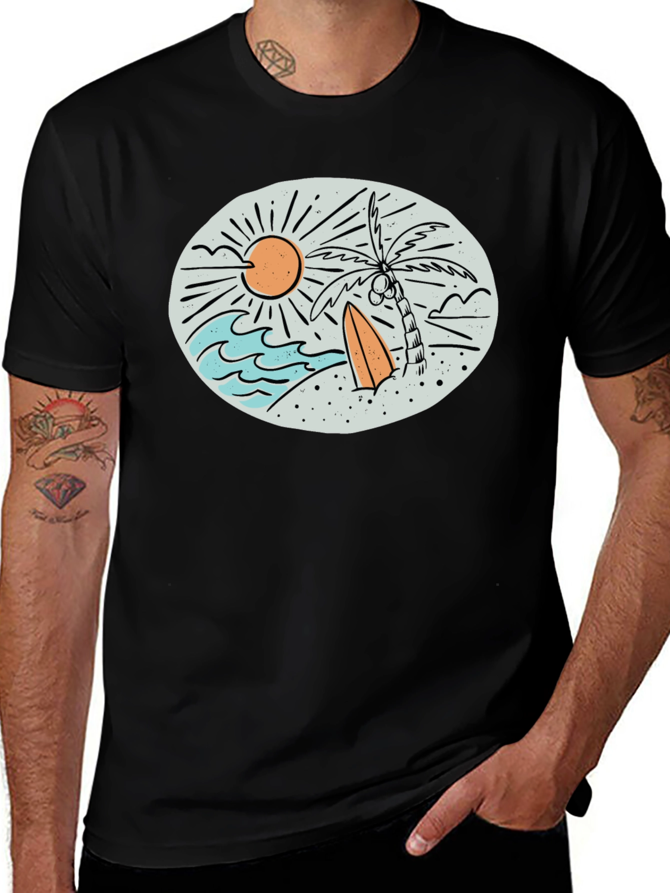 Variant 27 of Tropical Beach Graphic Tee - Black Cotton T-Shirt
