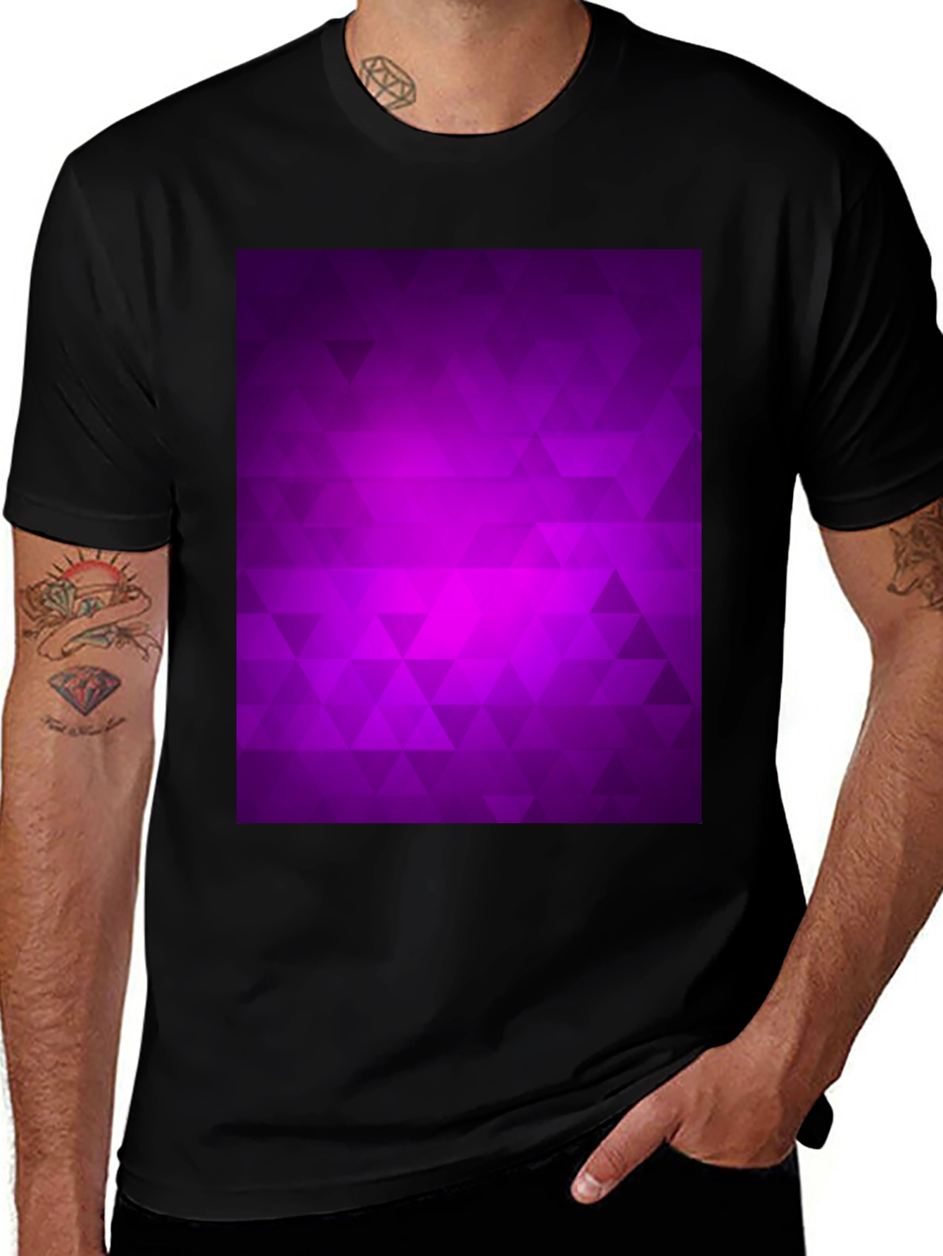 Geometric Purple Triangle Pattern Black T-Shirt