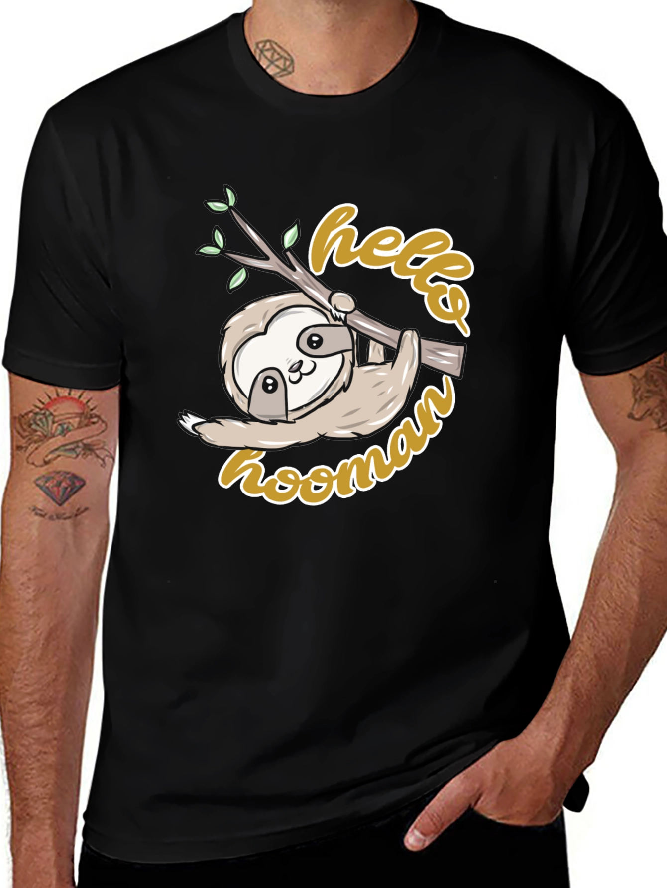 Variant 21 of Cute Sloth 'Hello Hoomans' Black Graphic T-Shirt