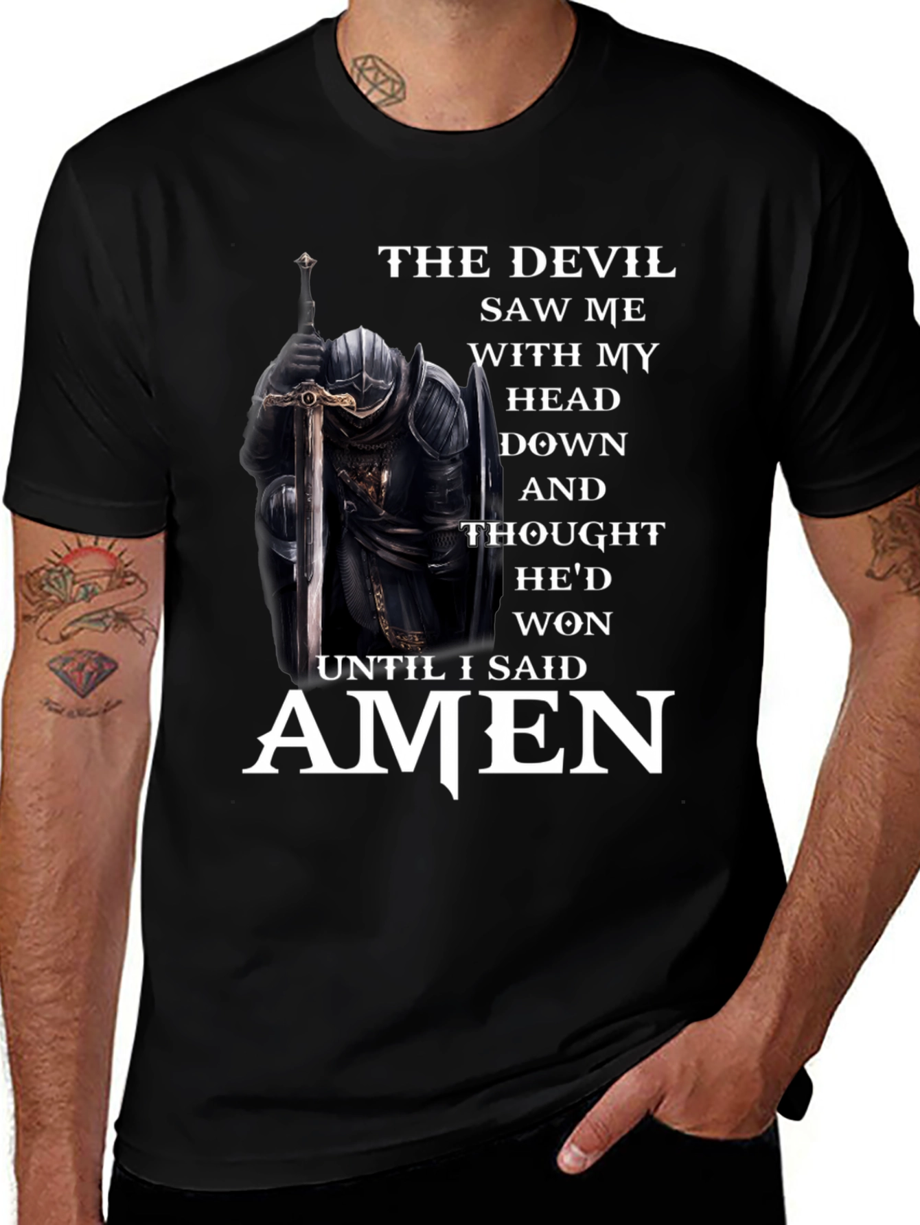 The Devil Saw Me T-Shirt Knight Armor Religious Graphic Tee