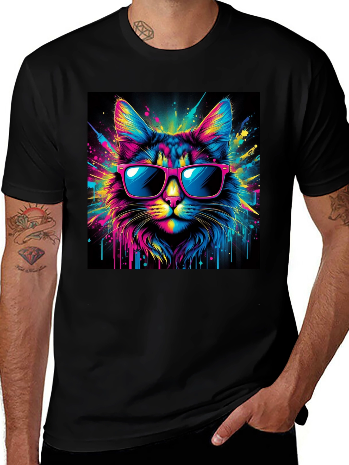 Variant 16 of Cool Cat Graphic Tee - Men's Black T-Shirt