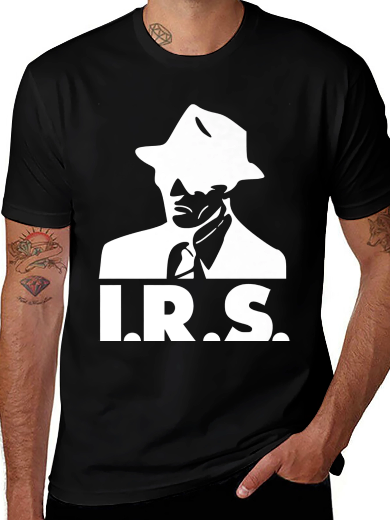 Variant 5 of IRS Fedora Man Black T-Shirt - Cool Retro Style!