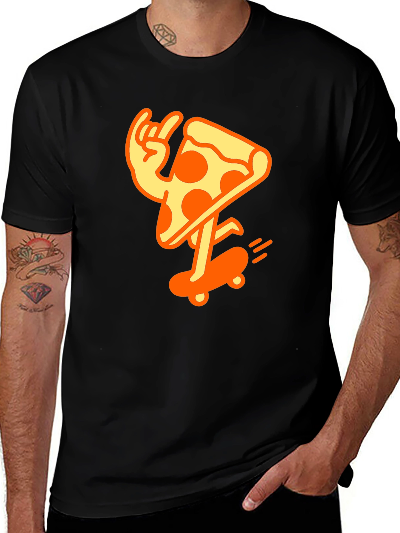 Variant 4 of Cool Pizza Skater Graphic T-Shirt - Black Cotton Tee