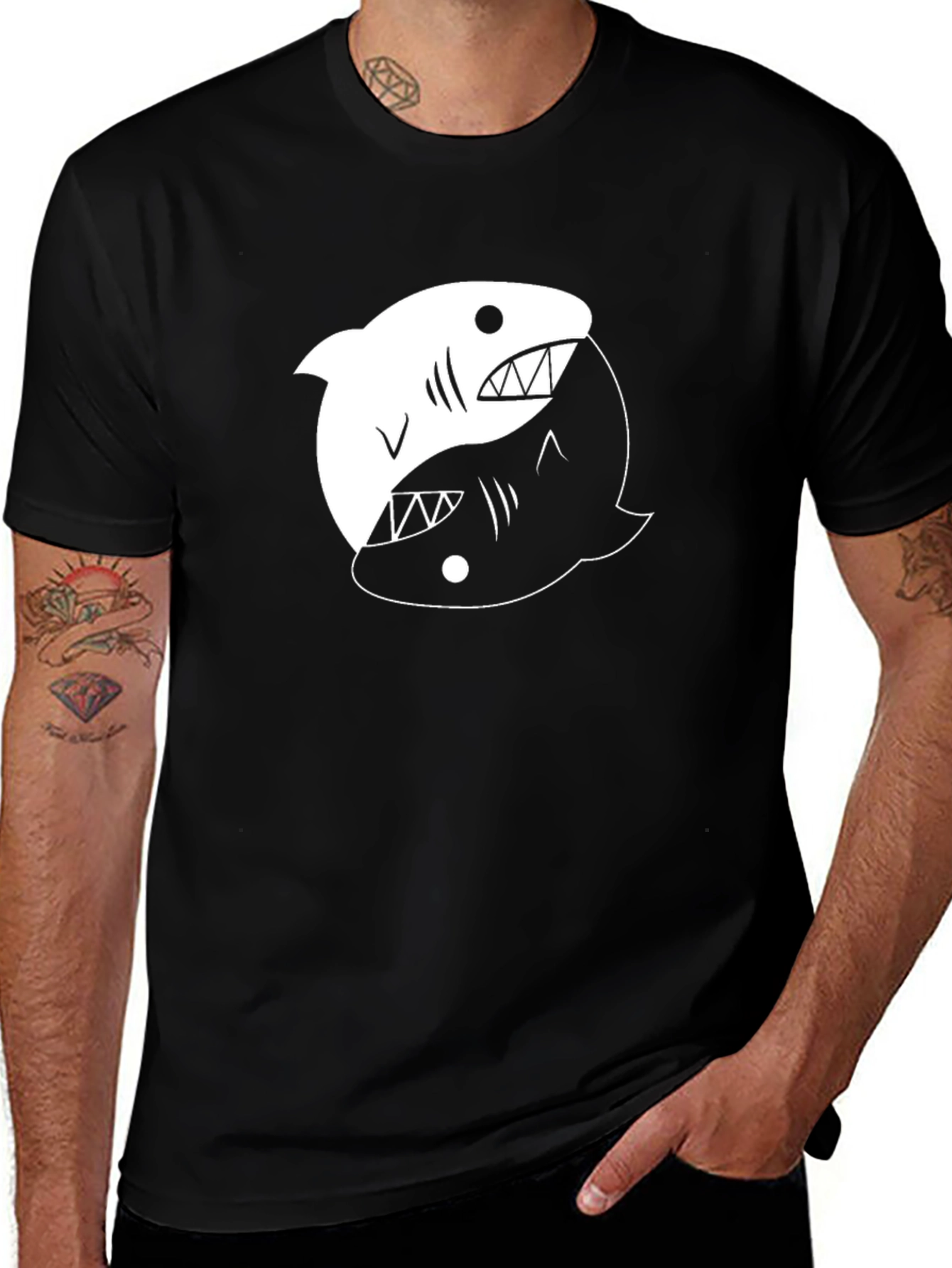 Variant 14 of Yin Yang Shark Graphic Tee - Black Cotton T-Shirt
