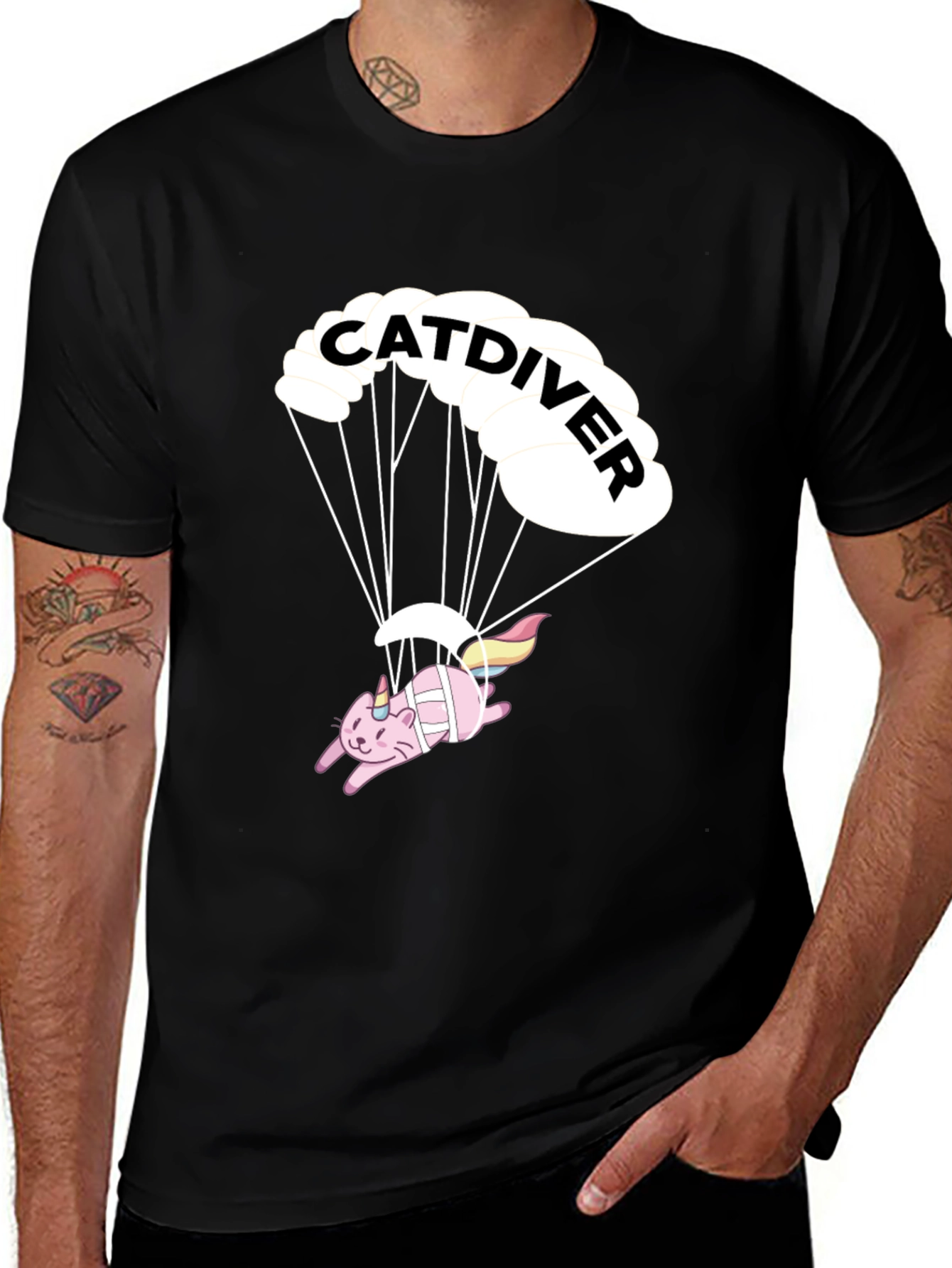 Variant 19 of Catdiver Graphic T-Shirt: Funny Cat Unicorn Skydiving Tee