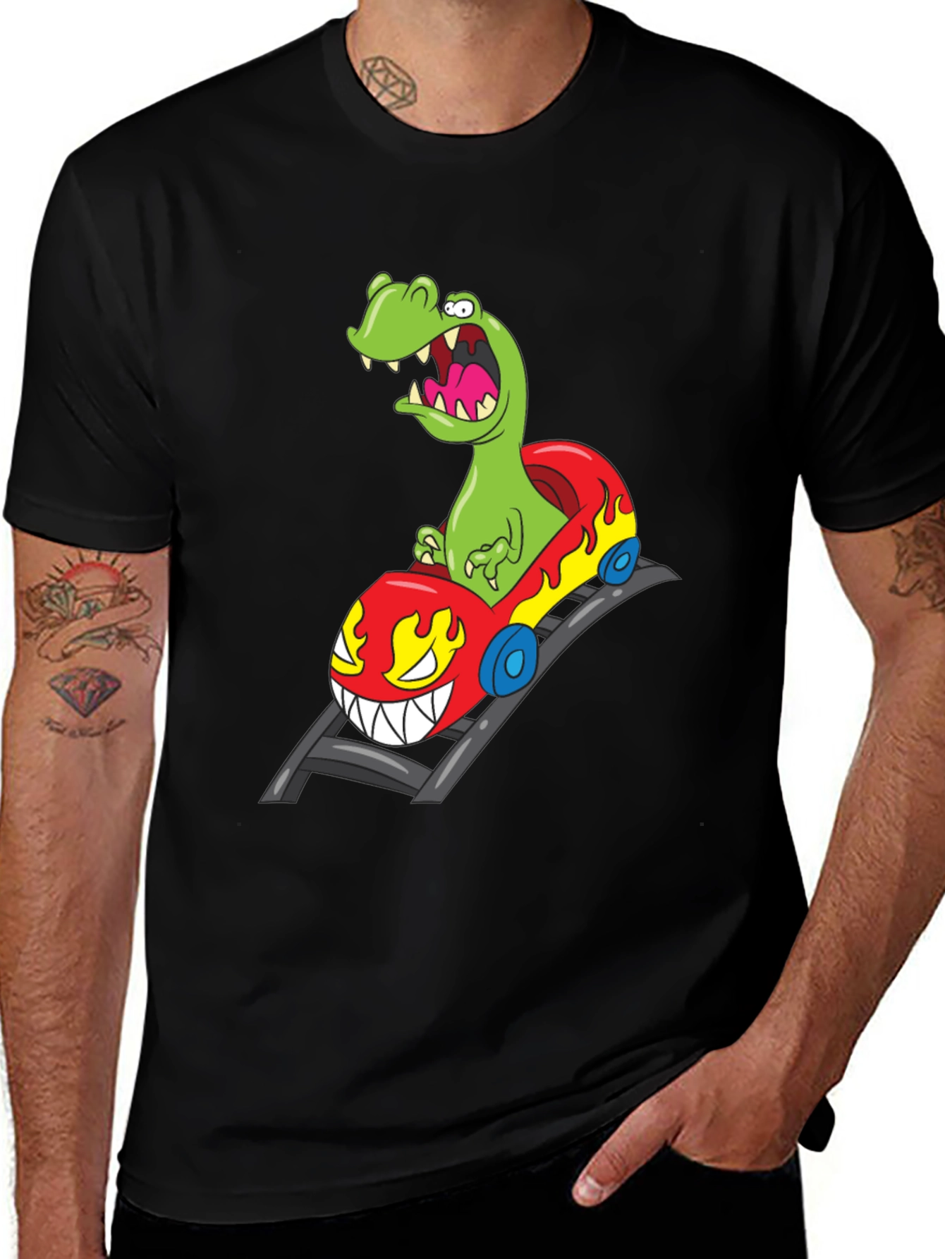 Variant 10 of Dino Roller Coaster Graphic Tee - Black Cotton Shirt