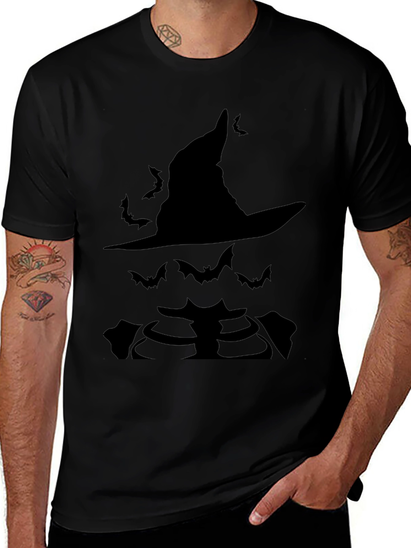 Halloween Witch Hat Bat Ribcage Graphic T-Shirt
