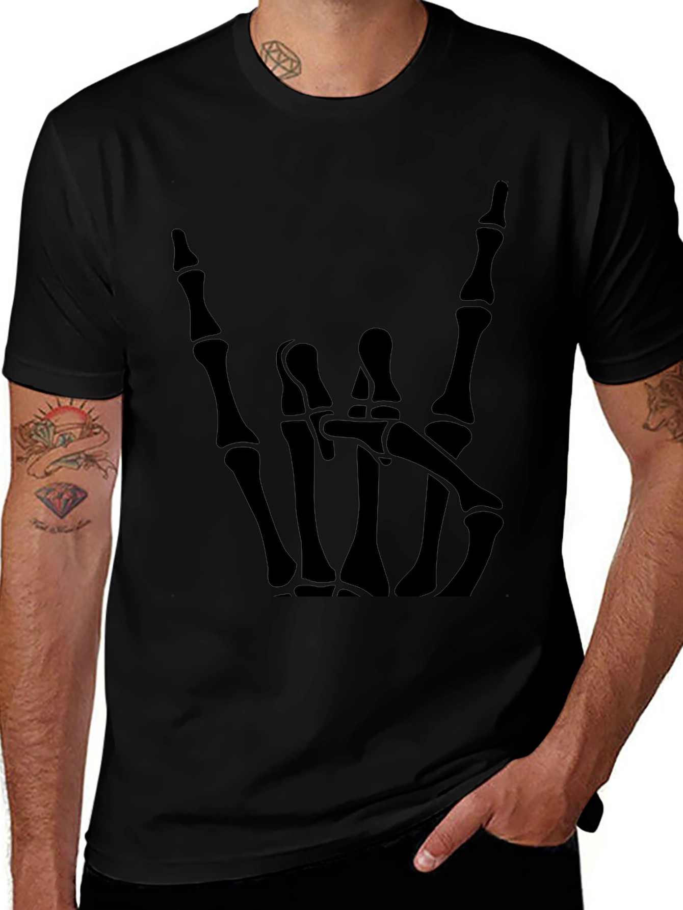 Rock On Skeleton Hand Graphic Tee - Black