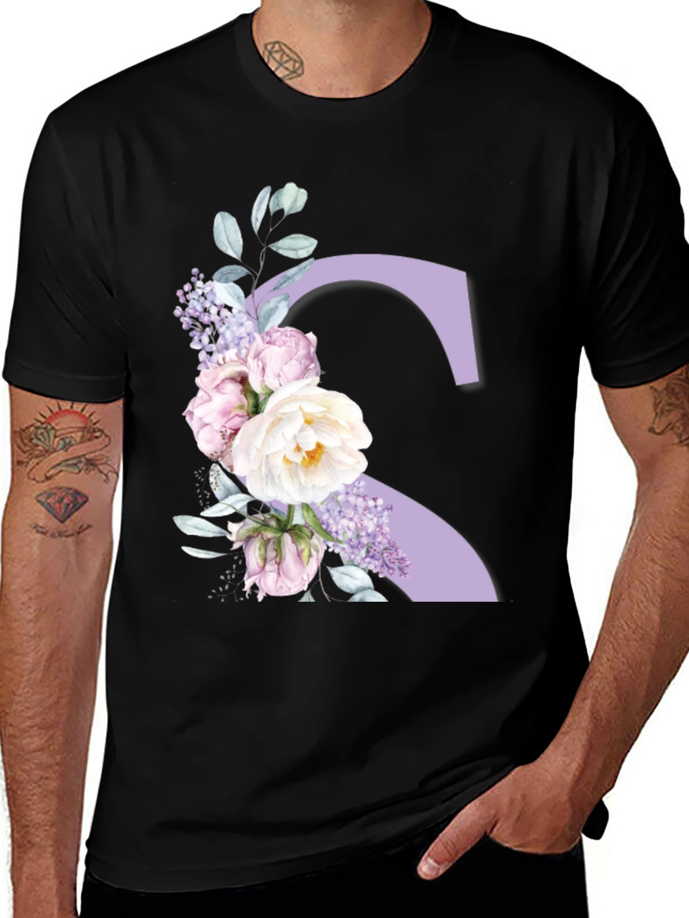 Variant 13 of Floral Letter S Black T-Shirt