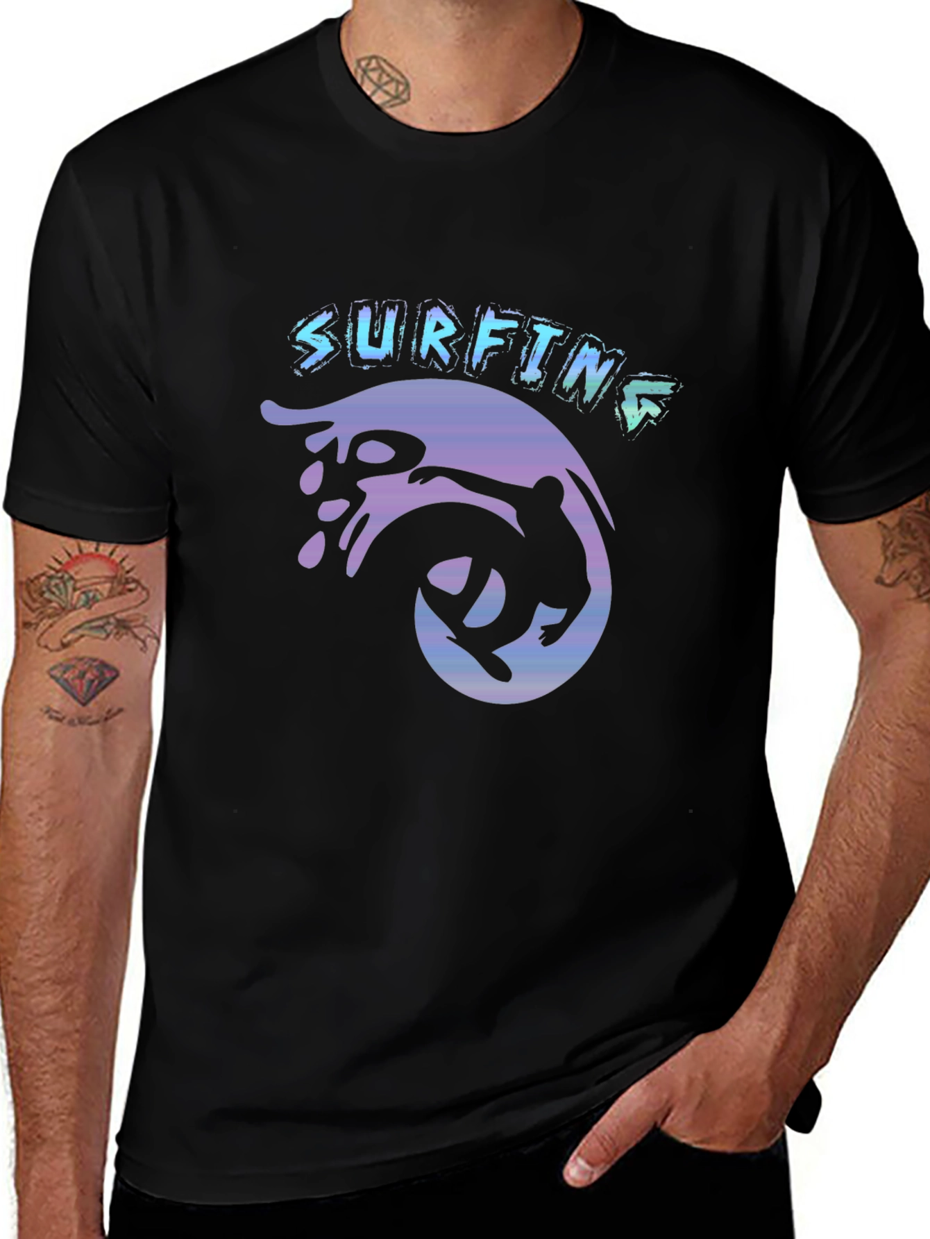 Surfing Graphic Tee - Black Cotton T-Shirt