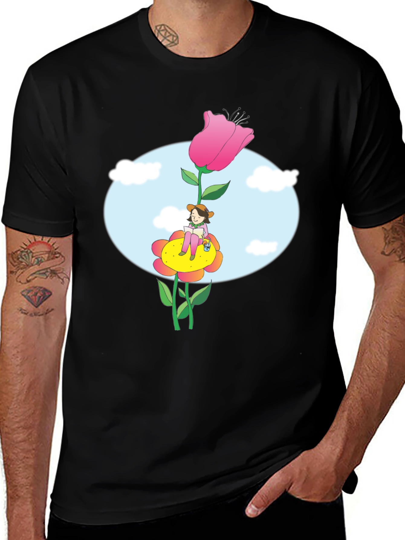 Variant 26 of Whimsical Flower Girl Graphic Tee - Black