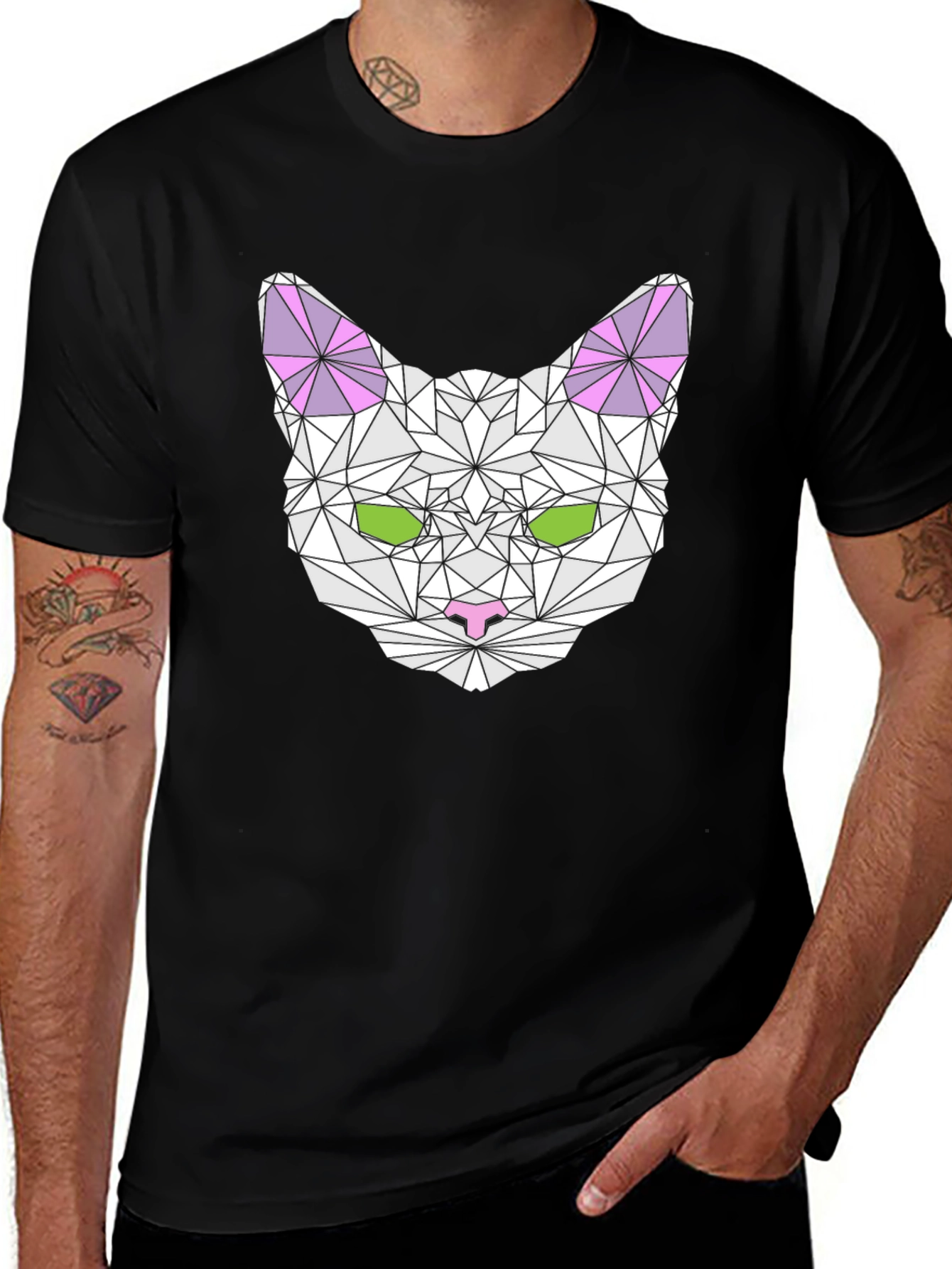 Variant 28 of Geometric Cat Head Graphic T-Shirt - Black