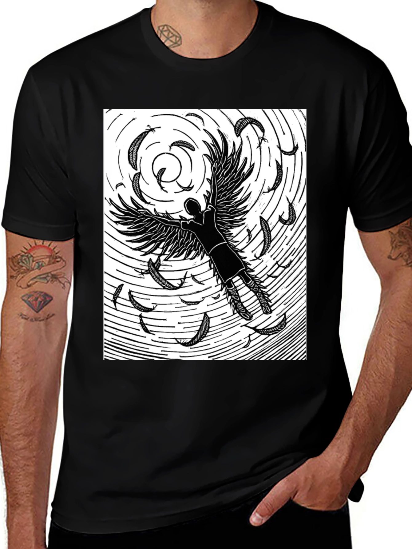 Variant 10 of Winged Figure Graphic Tee - Black Cotton Comfort