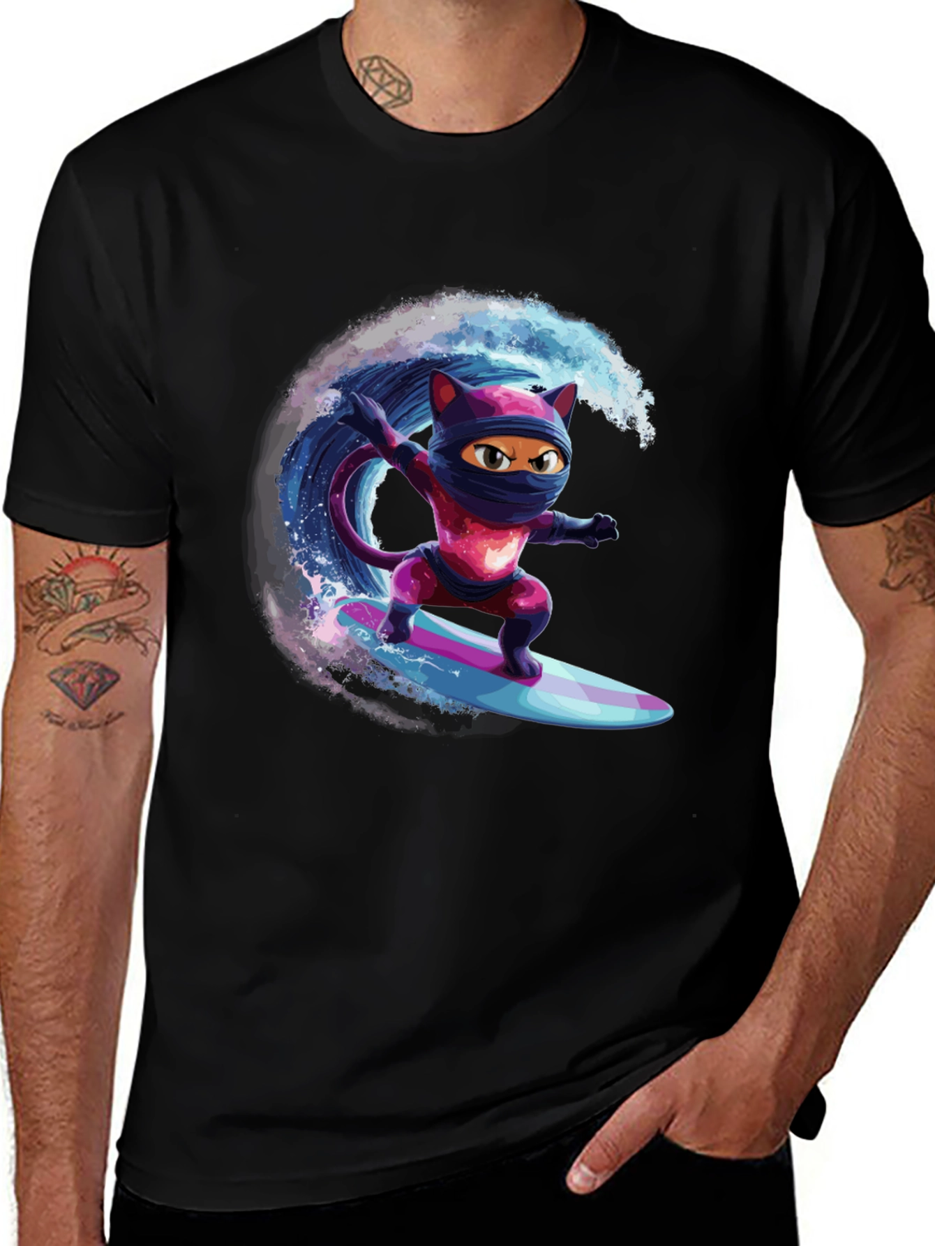 Variant 26 of Ninja Cat Surfing T-Shirt - Cool Graphic Tee