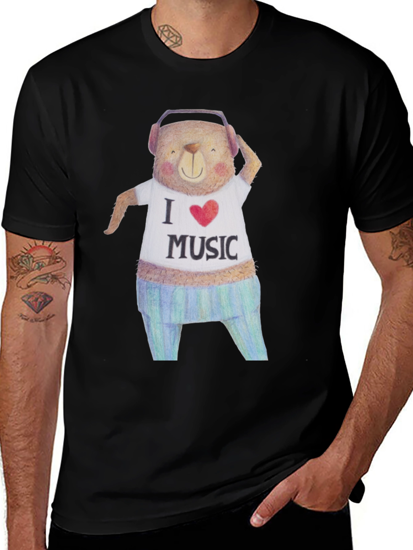 Variant 15 of Musical Bear Graphic Tee - Black Cotton T-Shirt