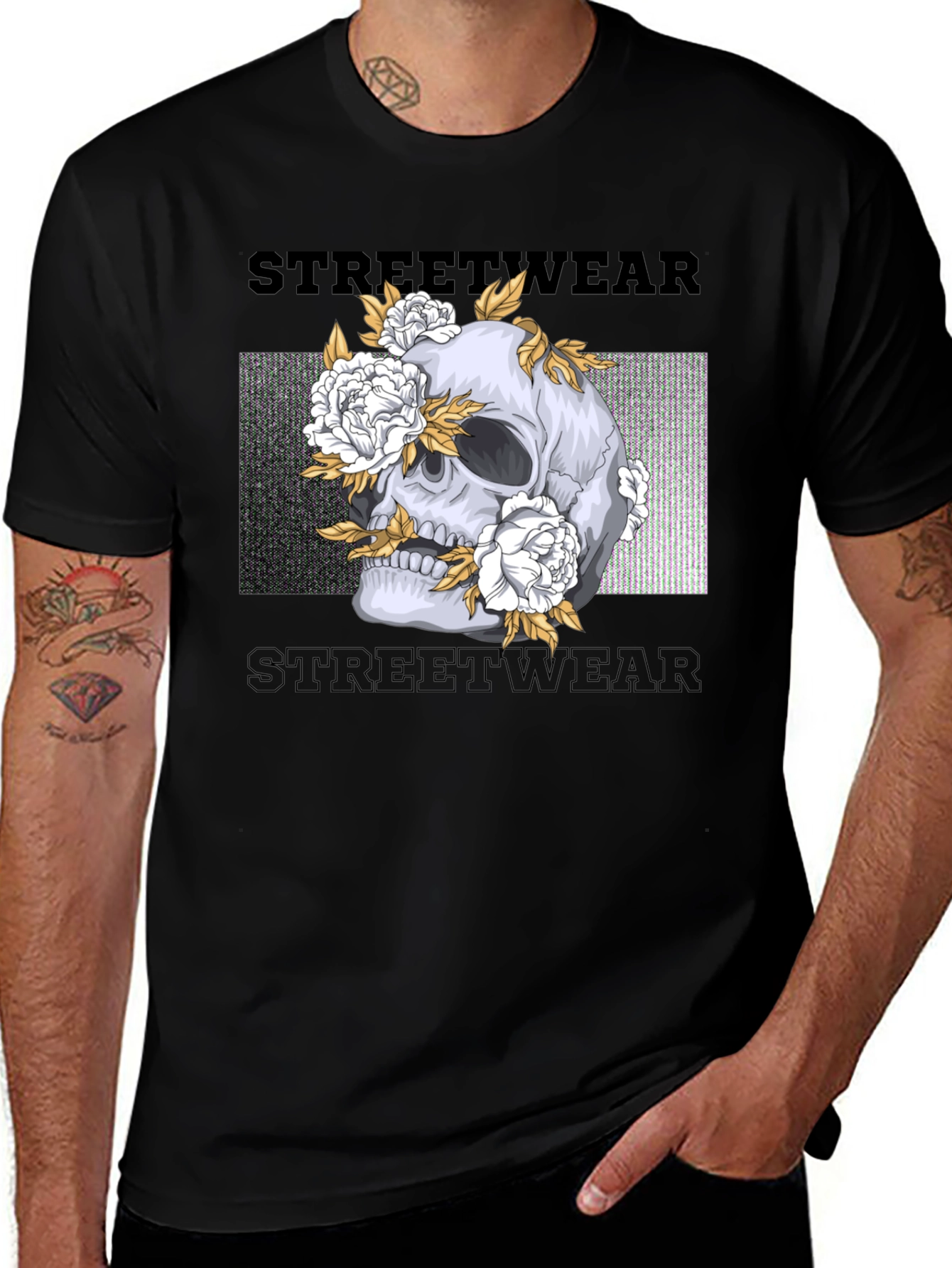 Variant 25 of Skull and Flowers Graphic Print Black T-Shirt