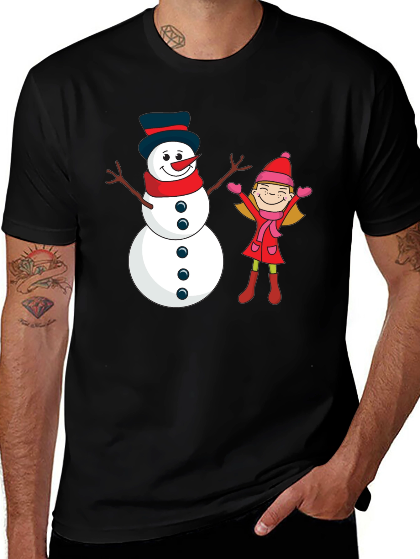 Variant 30 of Festive Snowman & Girl Graphic Tee - Black