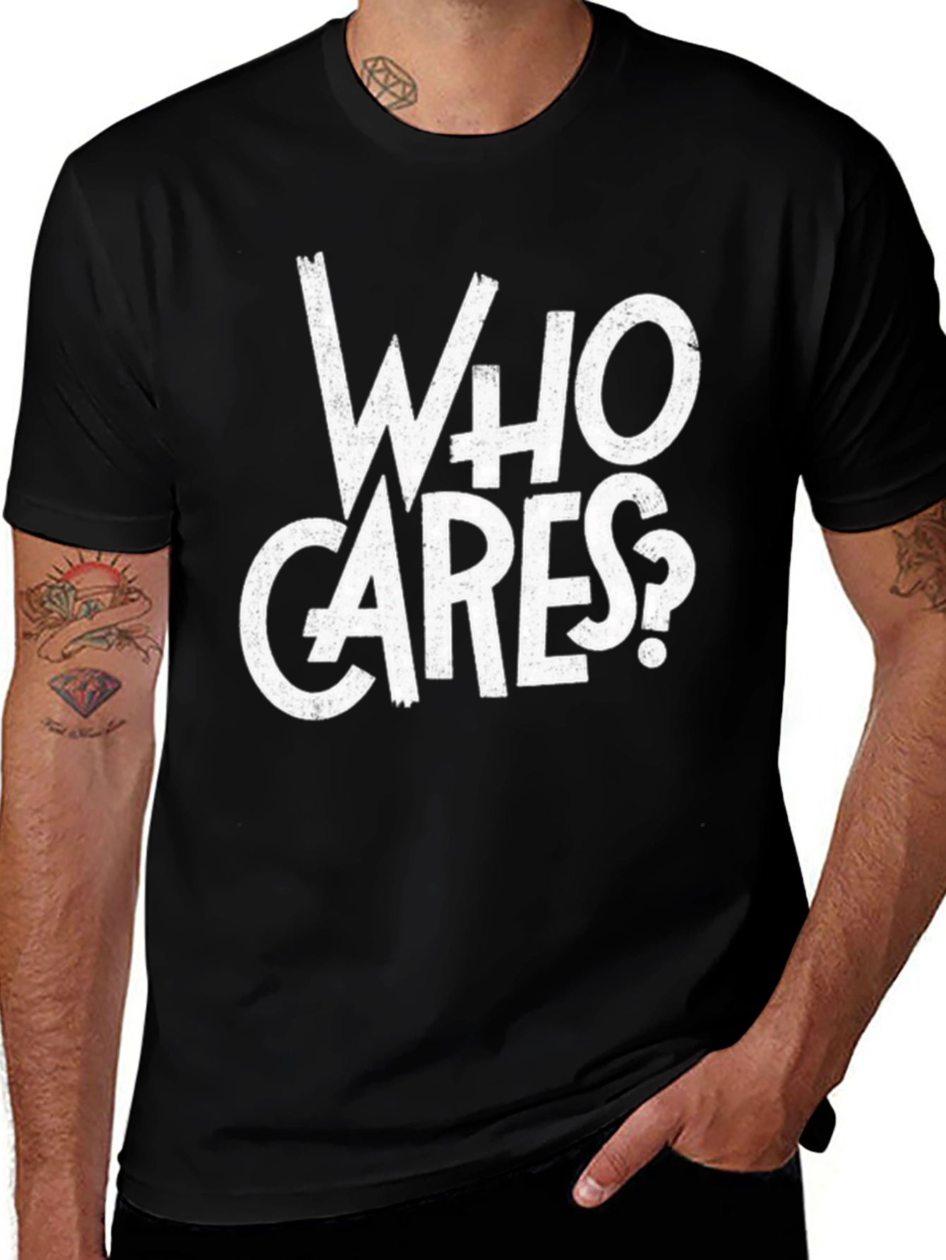 Variant 9 of Who Cares? Graphic Print Men's Tee - Black