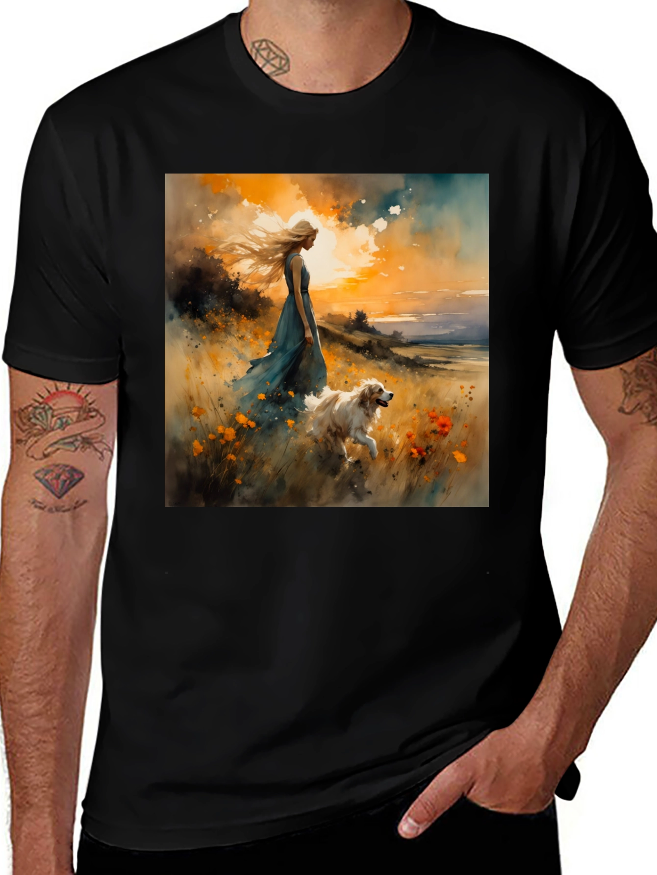 Variant 24 of Woman & Dog Sunset Tee - Stylish Graphic Print Shirt