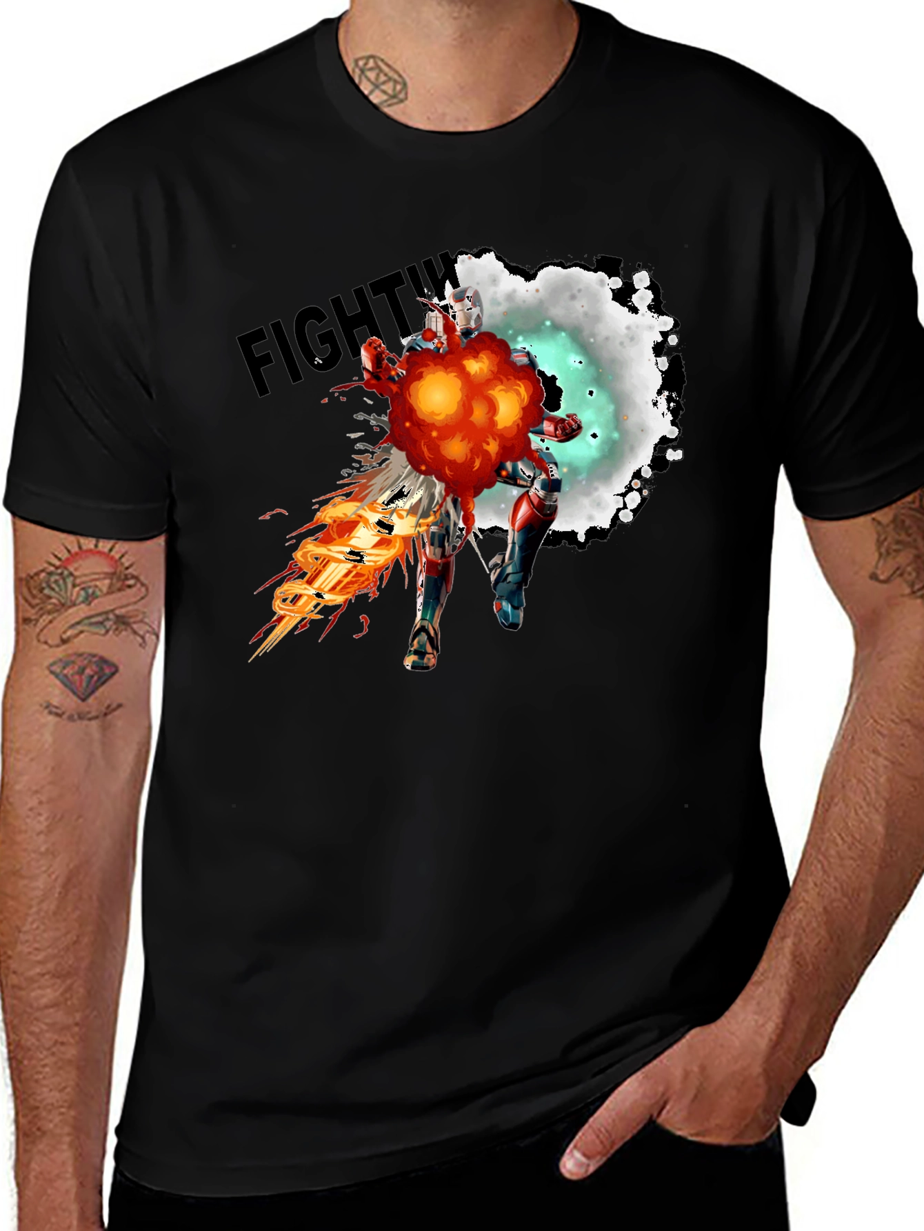 Variant 15 of Fighting Robot Graphic T-Shirt - Black Crew Neck