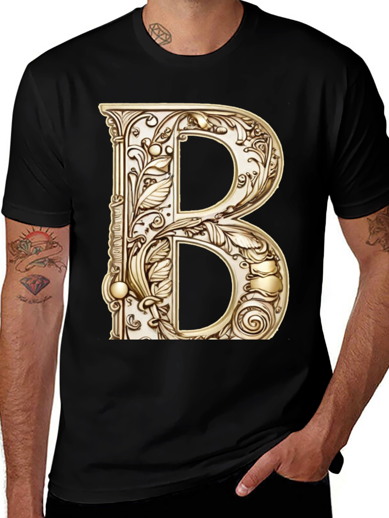 Variant 4 of Ornate Initial B Graphic Tee - Black Cotton Blend