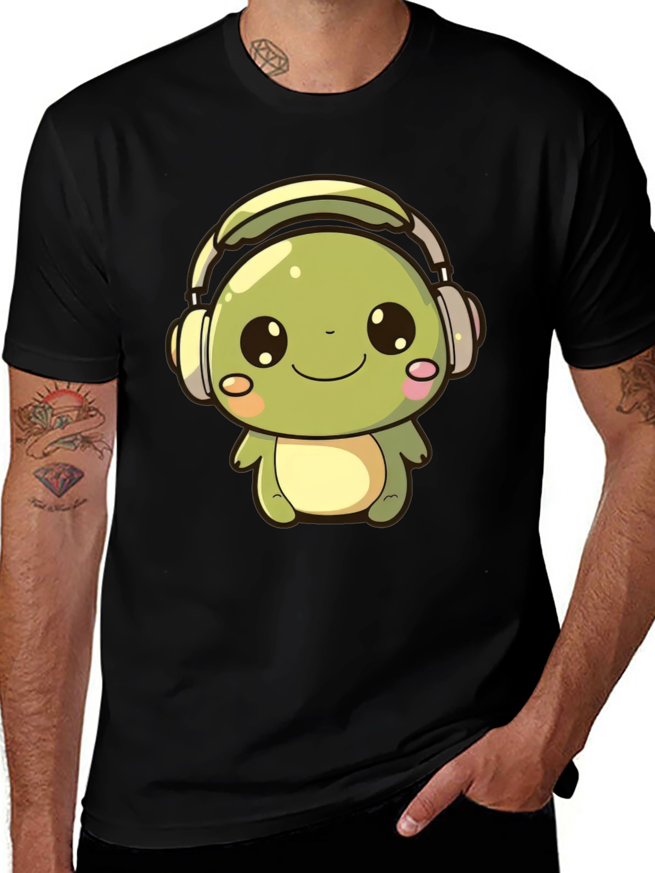 Variant 21 of Cute Turtle with Headphones Black T-Shirt